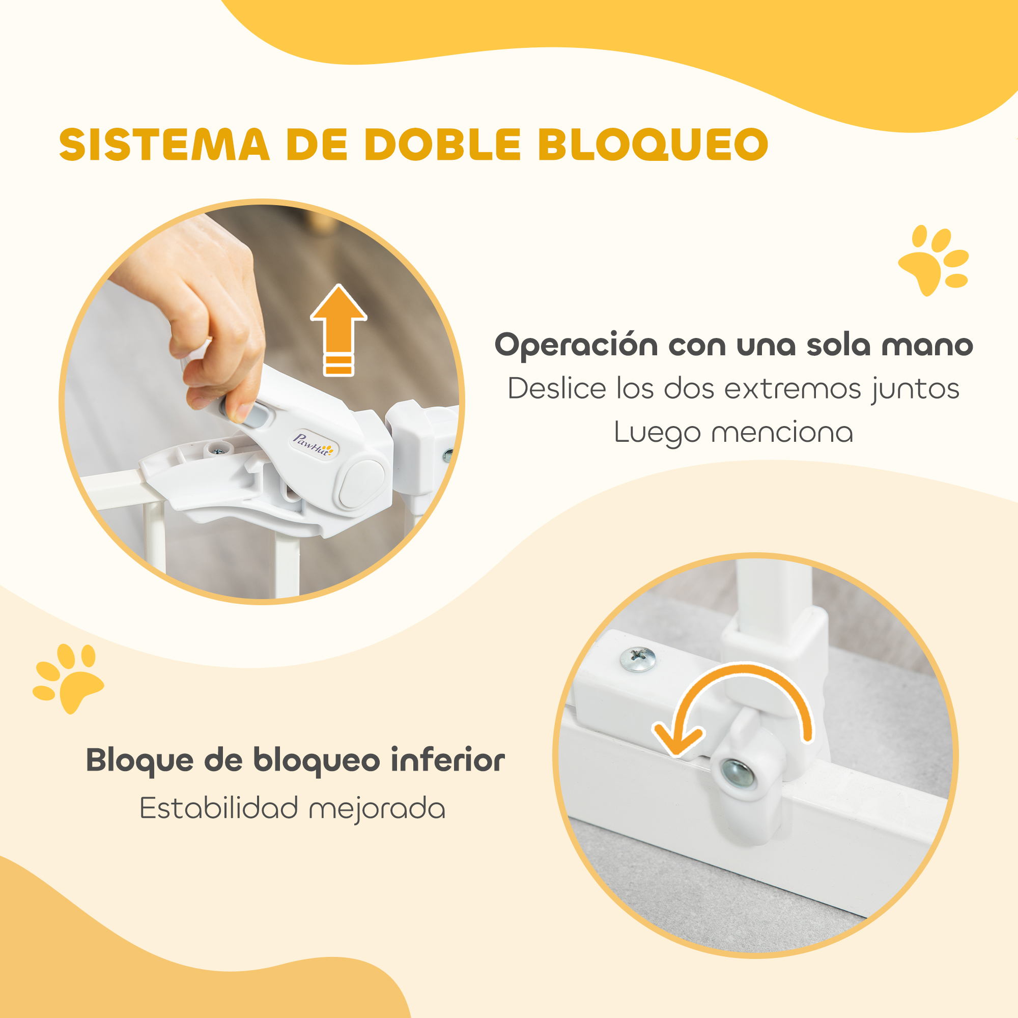 Primer plano de una mano operando una cerradura de seguridad blanca. Arriba: "Sistema de Doble Bloqueo". Abajo: "Bloqueo Inferior".