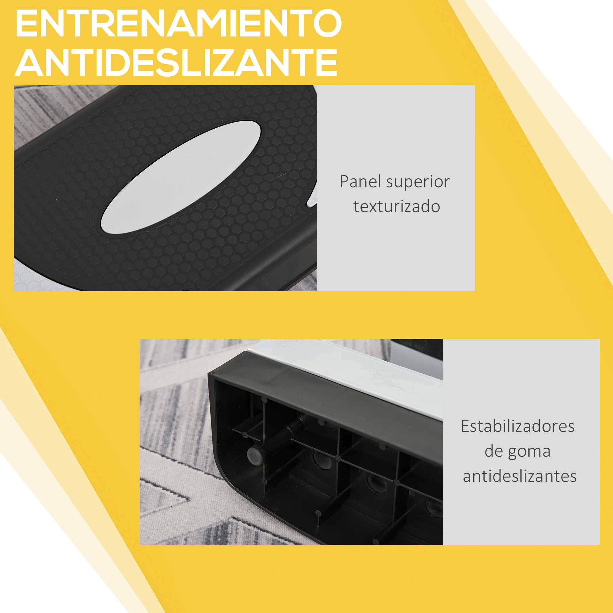 Stepper aeróbico negro con pies de goma antideslizantes y superficie texturizada.
