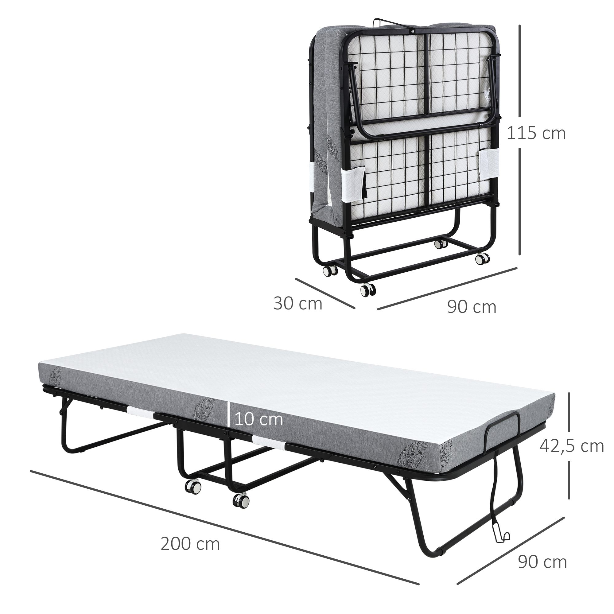Una cama plegada y desplegada con dimensiones.