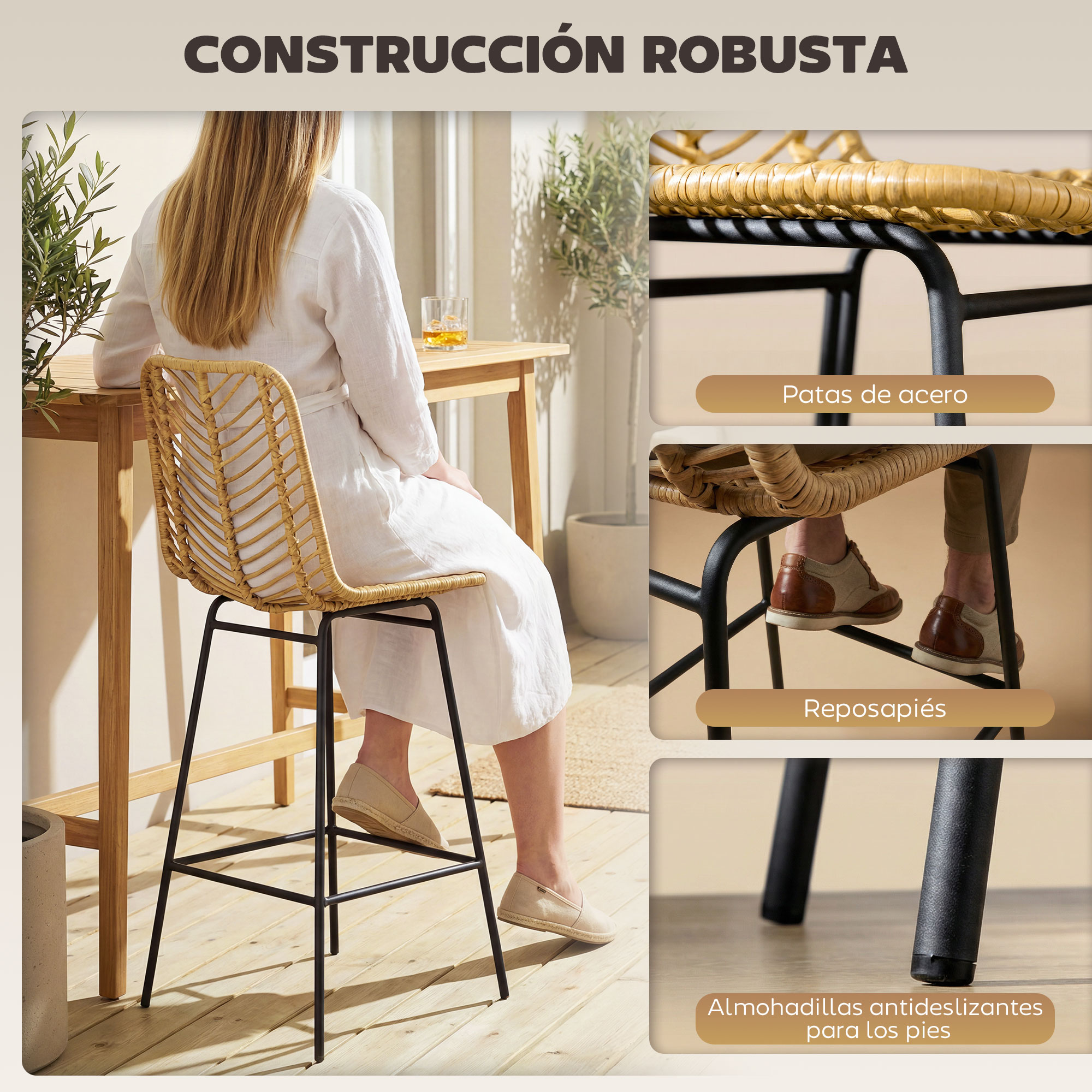 Una mujer se sienta en una silla de ratán con patas de acero en una mesa.