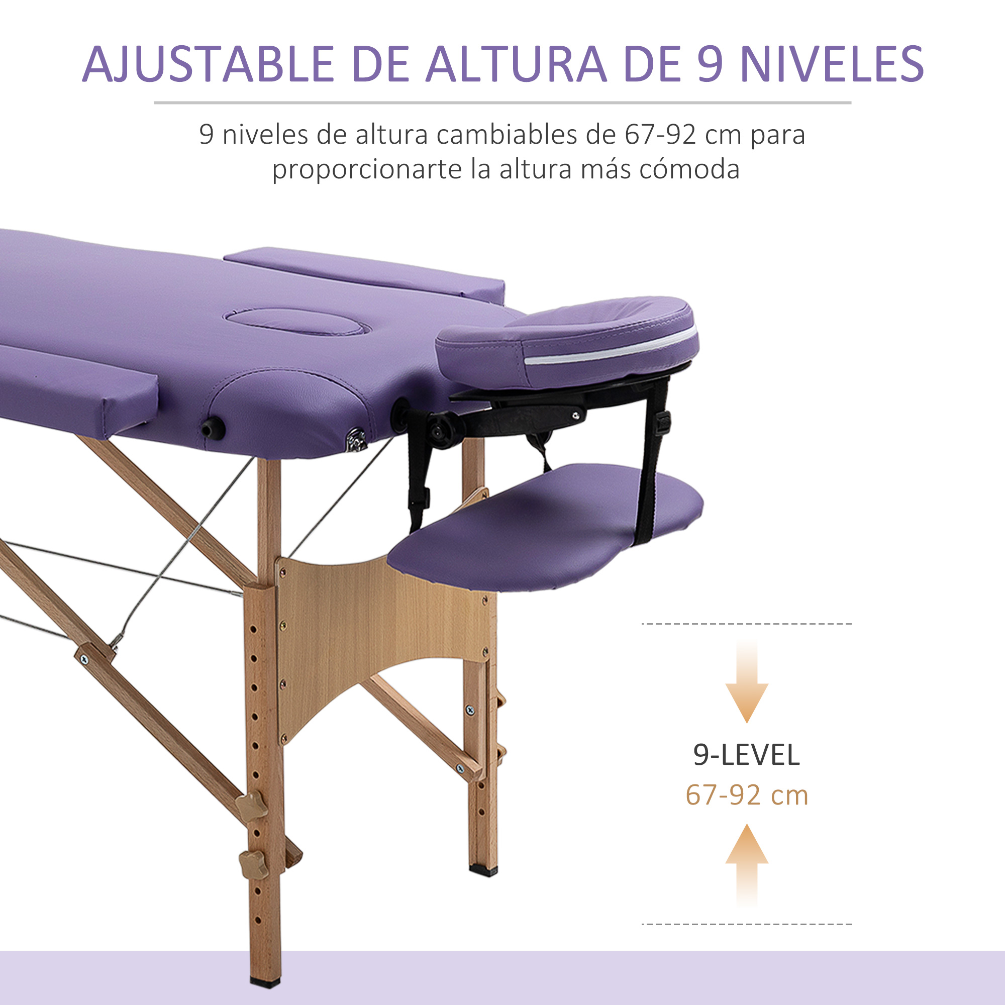 Mesa de masaje morada con altura ajustable de 67-92 cm.