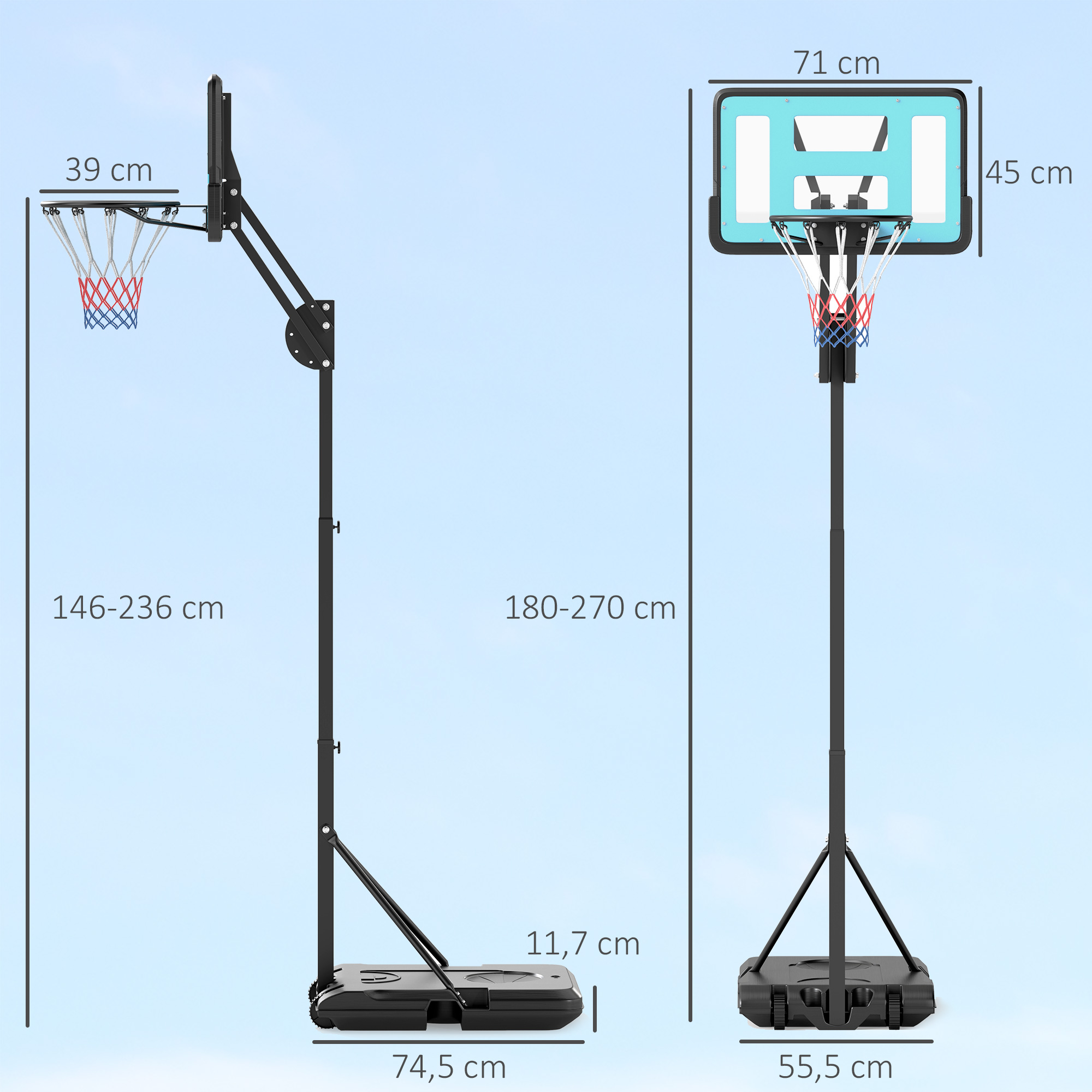 Dos canastas de baloncesto ajustables mostradas con dimensiones. Izquierda: aro 39cm, altura 146-236cm. Derecha: tablero 71x45cm, altura 180-270cm.
