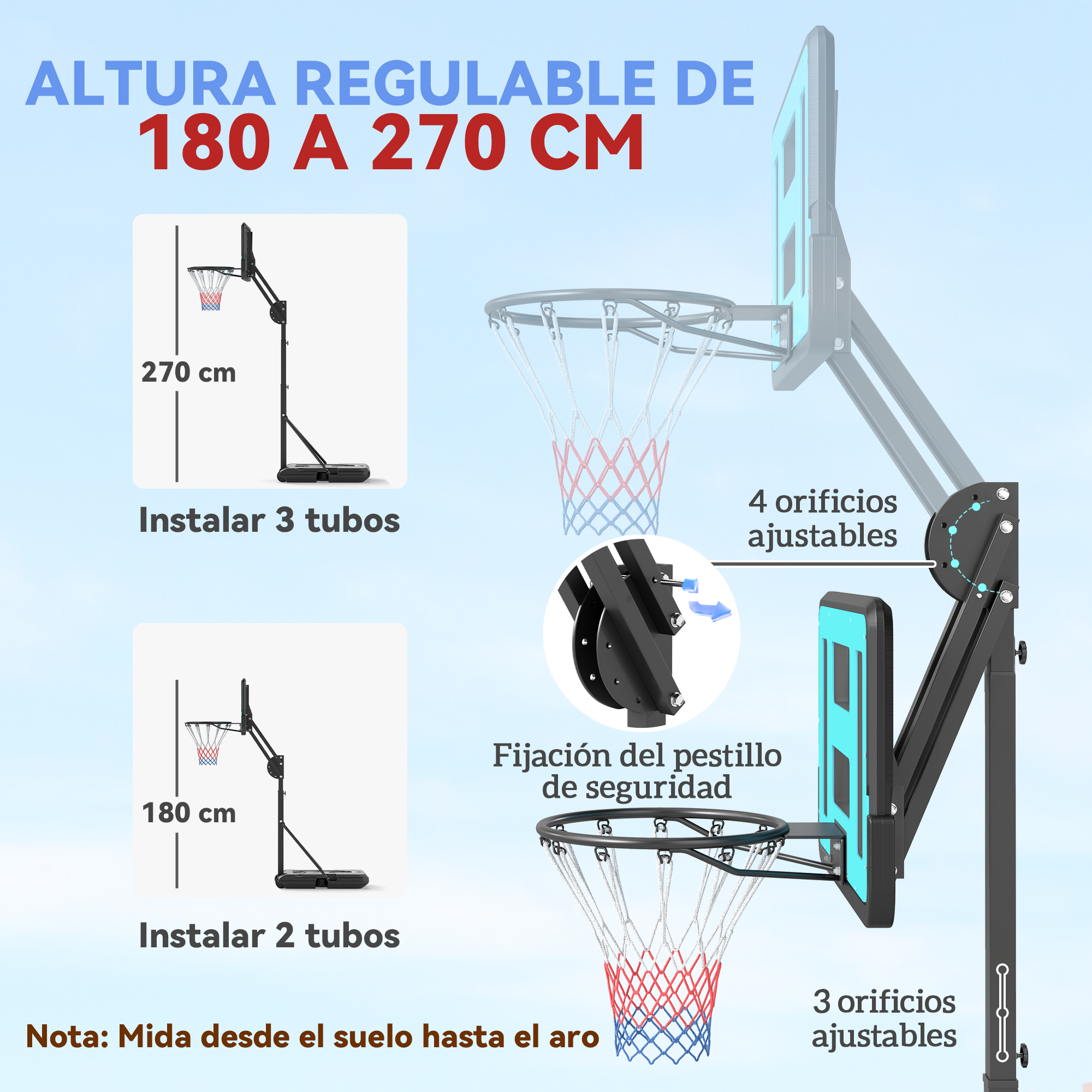 Aro de baloncesto ajustable: altura 180-270cm, instalable con 2 o 3 tubos.