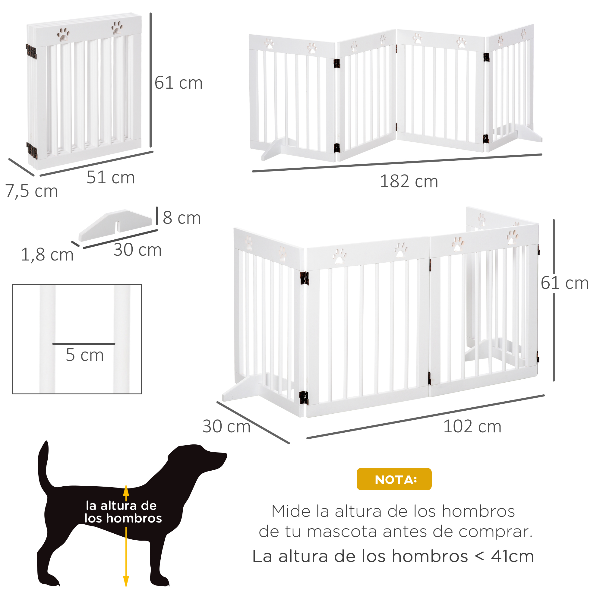 Puertas blancas para perros con diseño de huella y medidas.