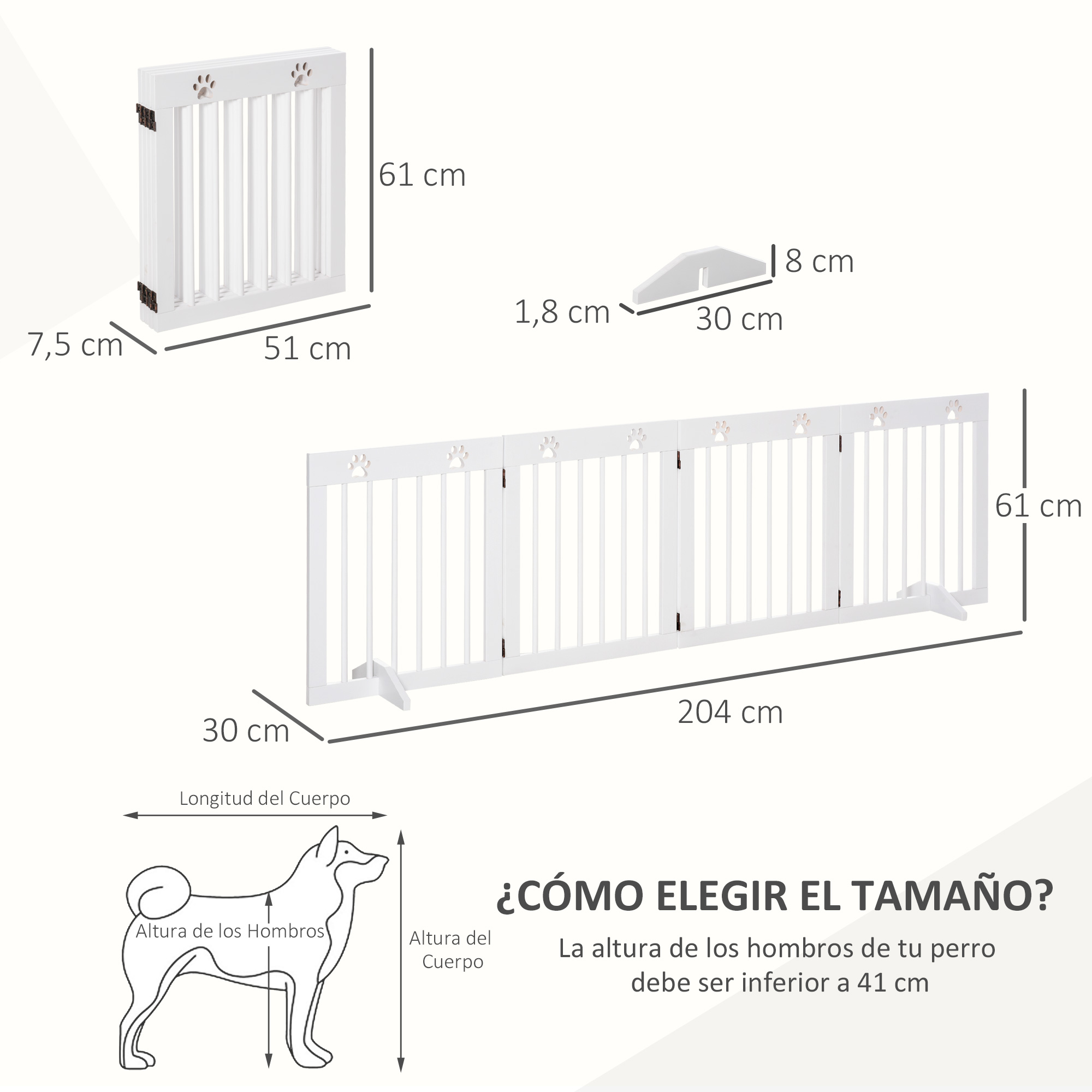 Una puerta blanca para perros con dimensiones y un dibujo de perro.