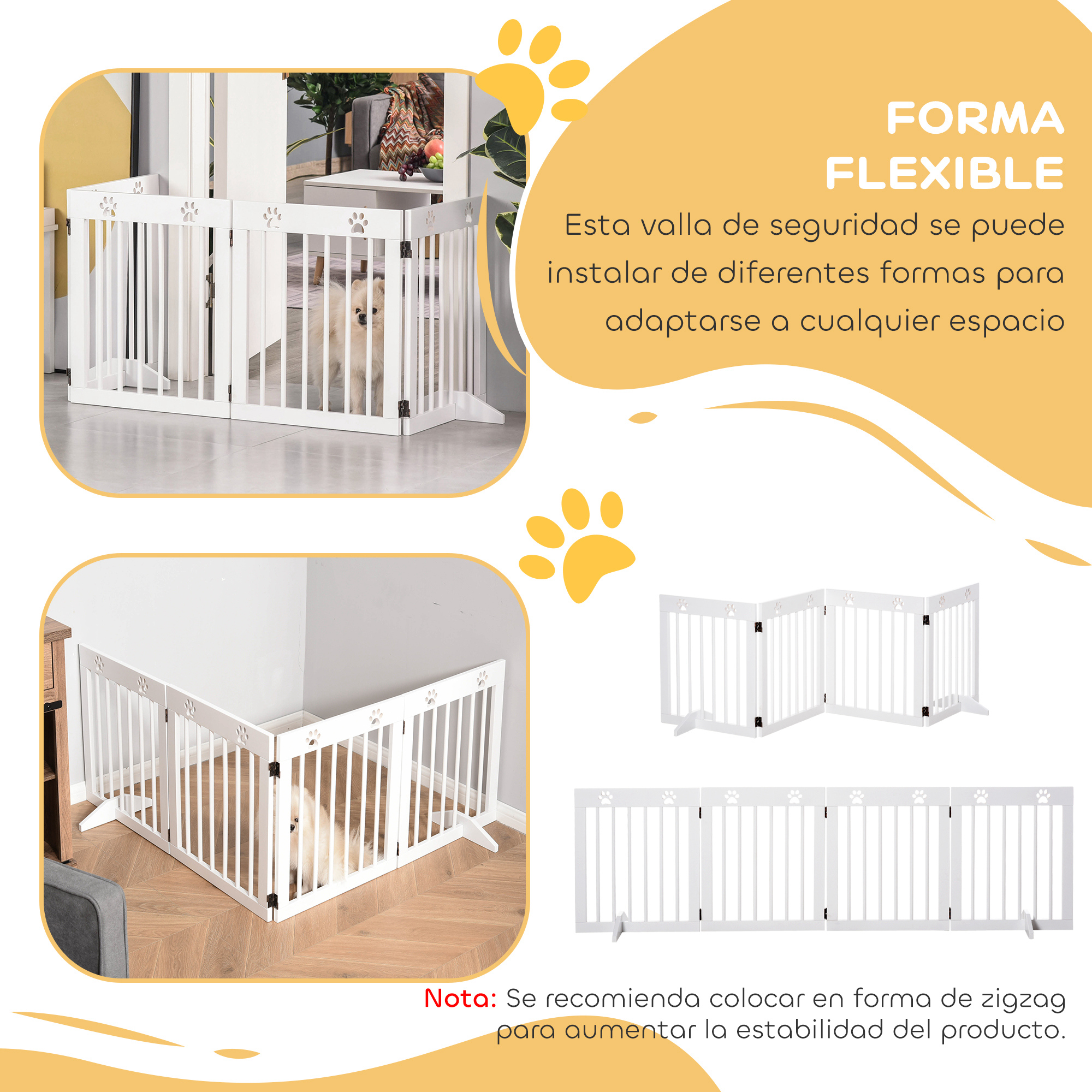 Valla blanca para perros con huellas, configurable.
