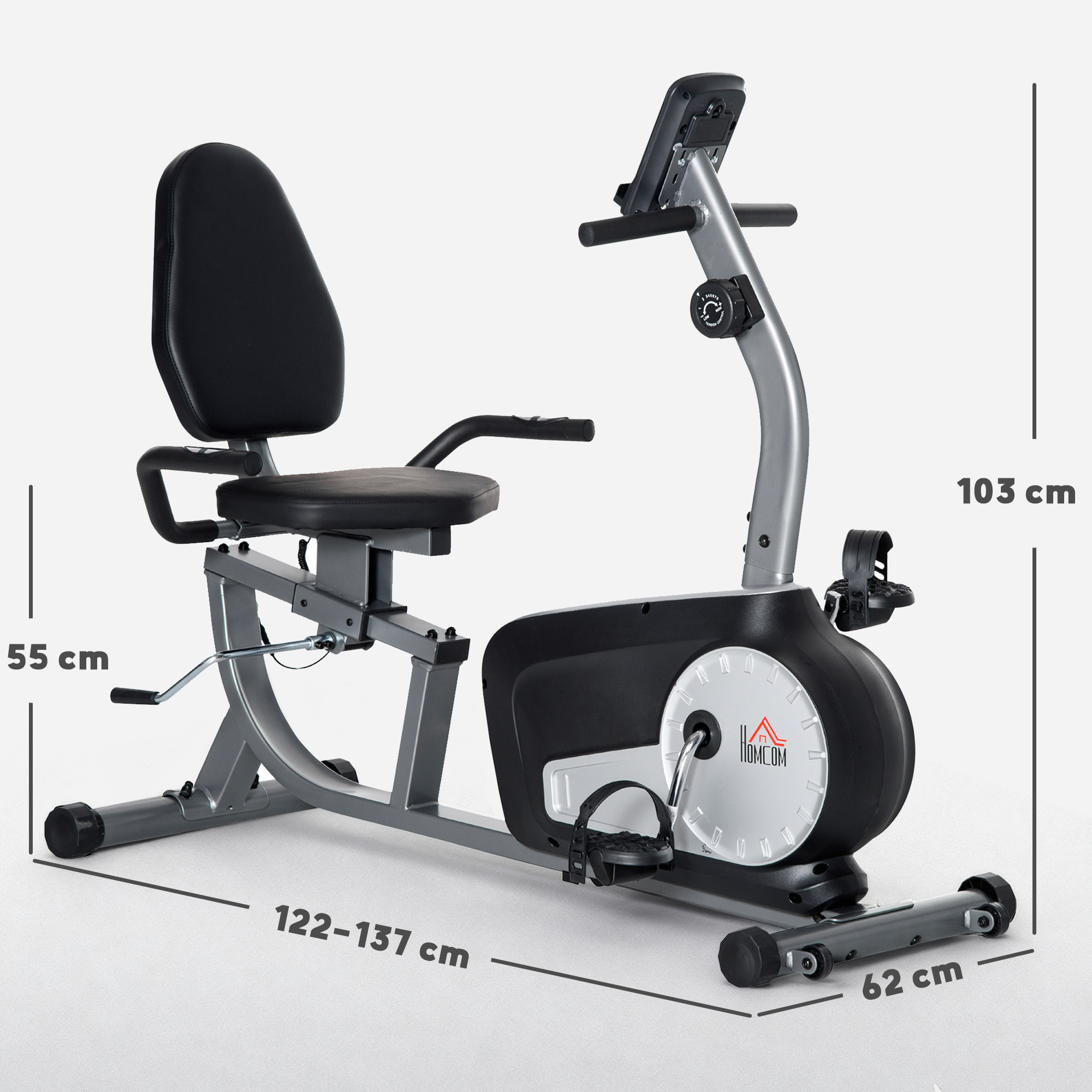 Una bicicleta estática reclinada negra y gris con asiento, manillar y pantalla.