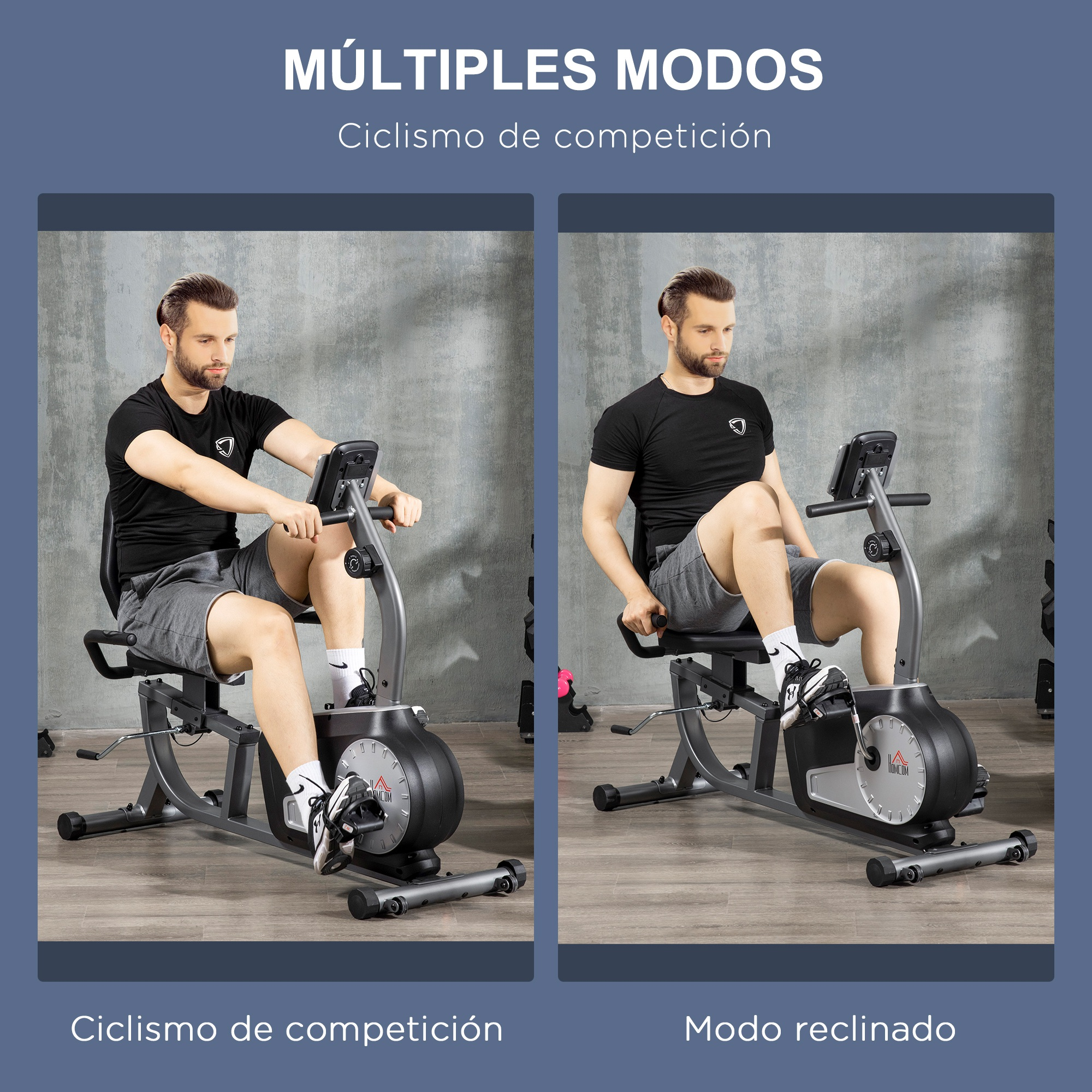 Hombre en bicicleta estática en modo competición y reclinado.