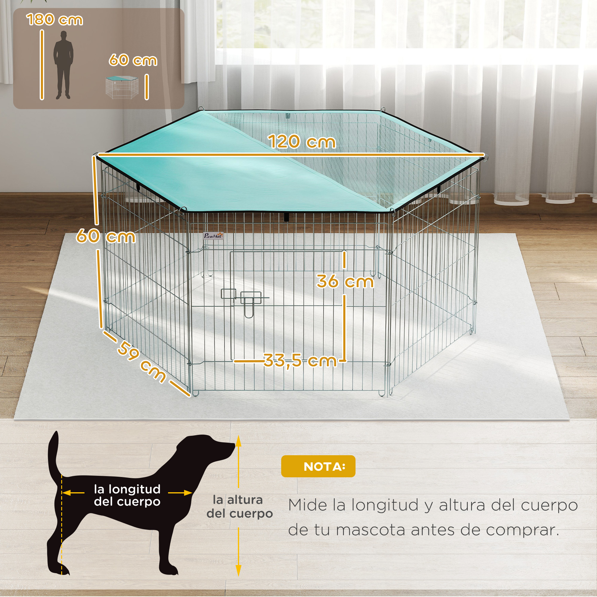 Un corral hexagonal para mascotas con cubierta turquesa, se muestran dimensiones.