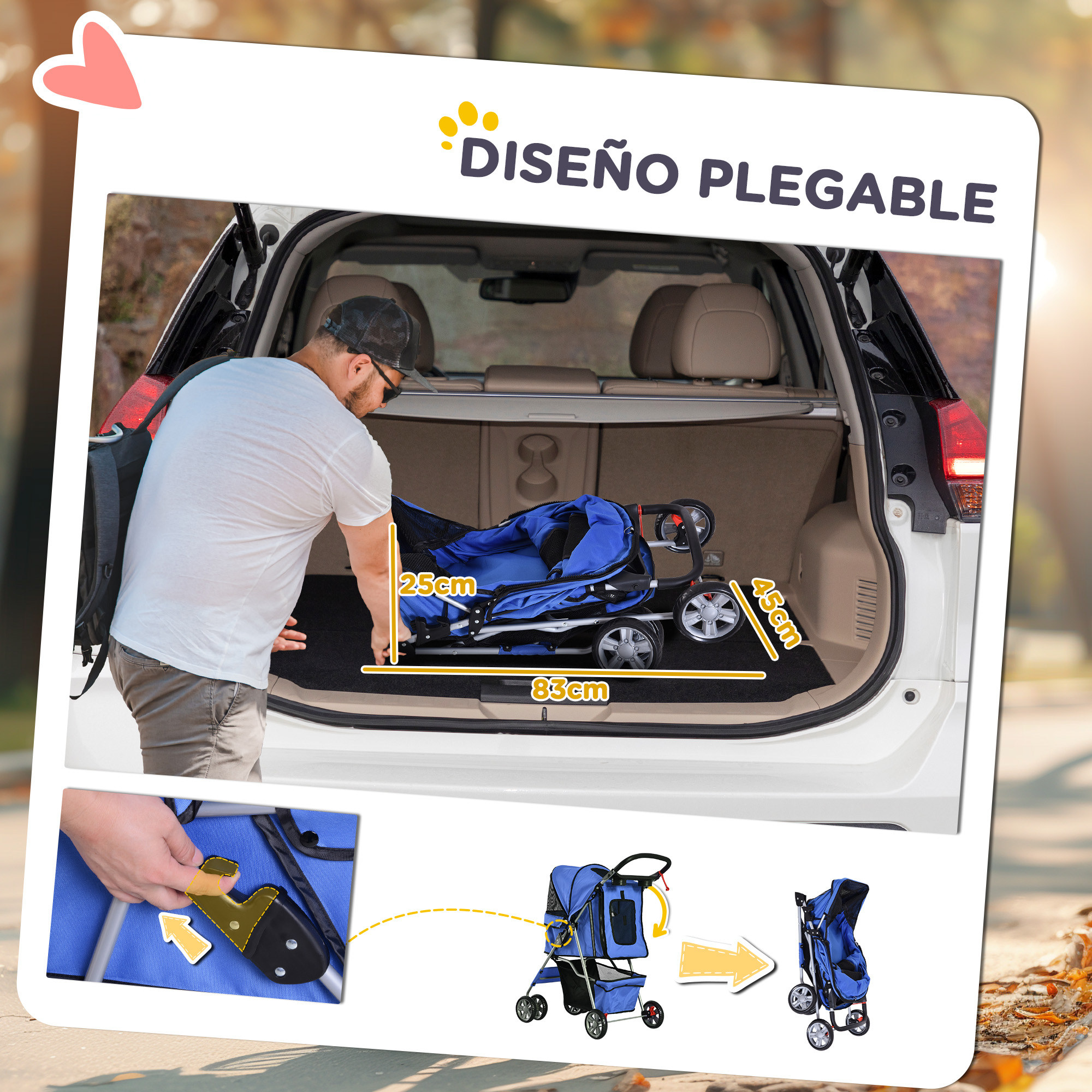 Hombre cargando un cochecito azul en un auto. Dimensiones: 83x25x45cm.