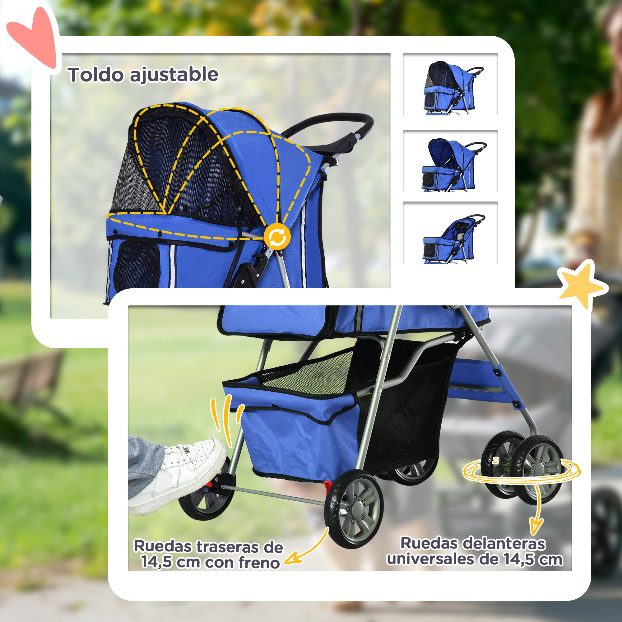 Cochecito azul para mascotas con toldo ajustable y funciones.