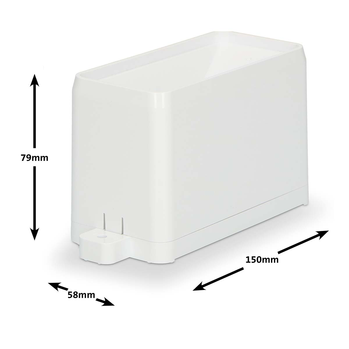 Białe prostokątne pudełko, wysokość 79mm, szerokość 58mm, długość 150mm.