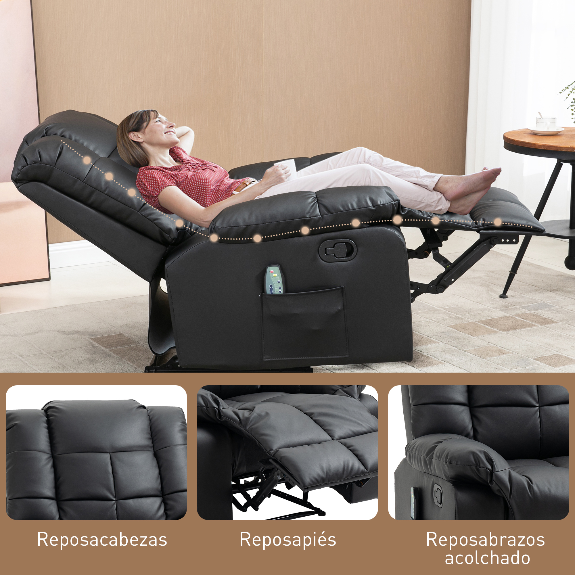 Reclinador negro de cuero sintético con mujer reclinada, reposapiés y apoyabrazos.