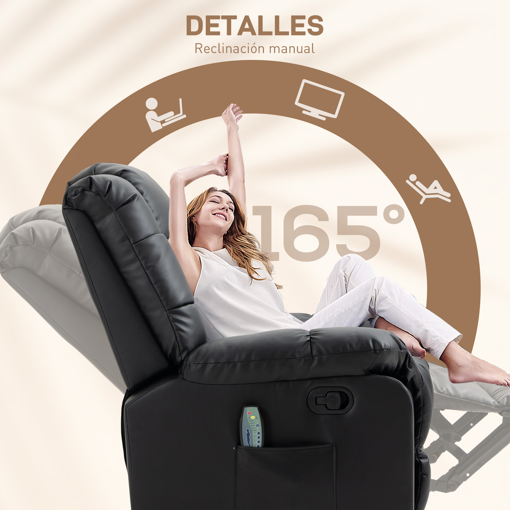 Mujer relajándose en un sillón reclinable negro, mostrando 165 grados de reclinación.