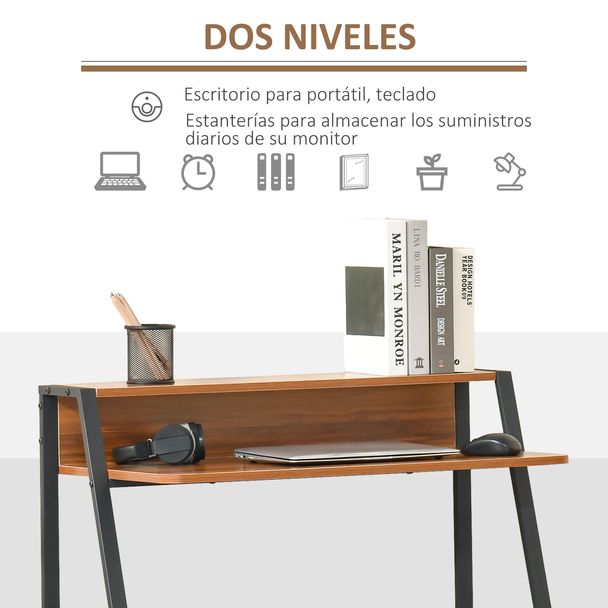 Un escritorio con libros, auriculares, ratón y portátil. Portalápices arriba.