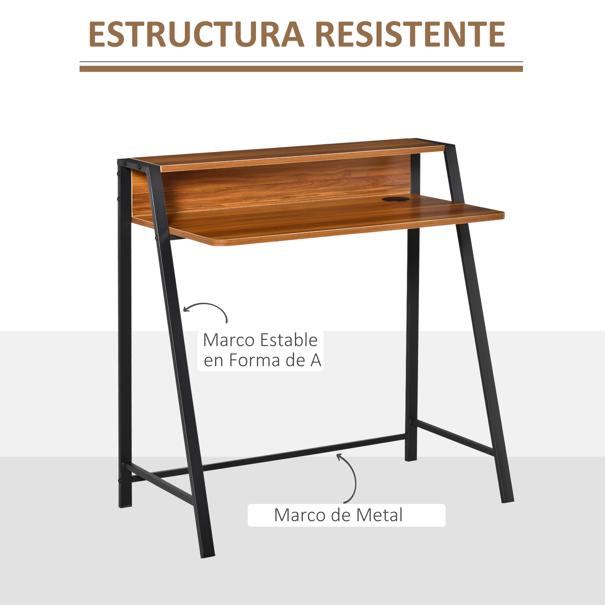 Escritorio de madera con marco de metal negro y dos niveles.