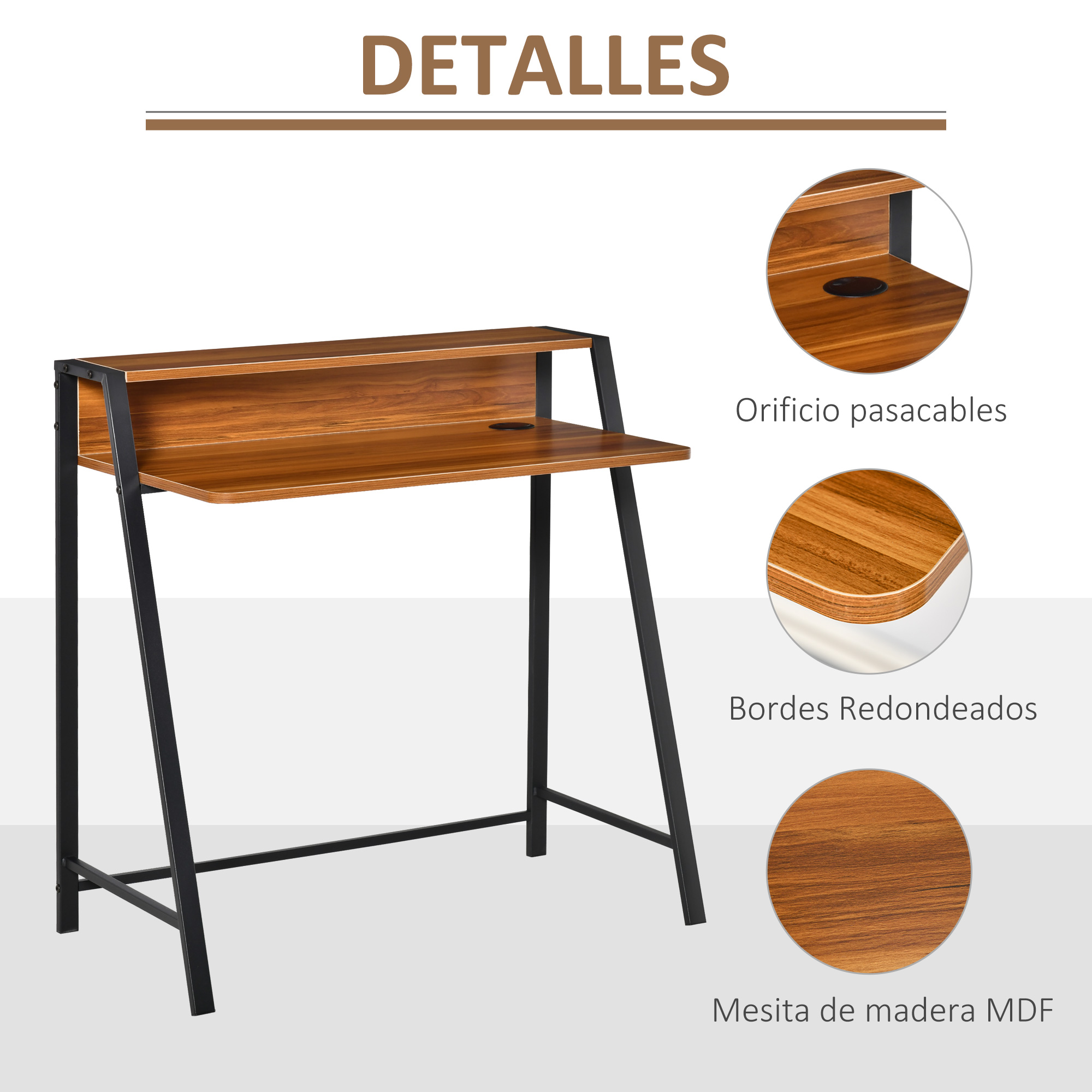 Escritorio de madera con marco metálico negro, pasa cables y bordes redondeados.