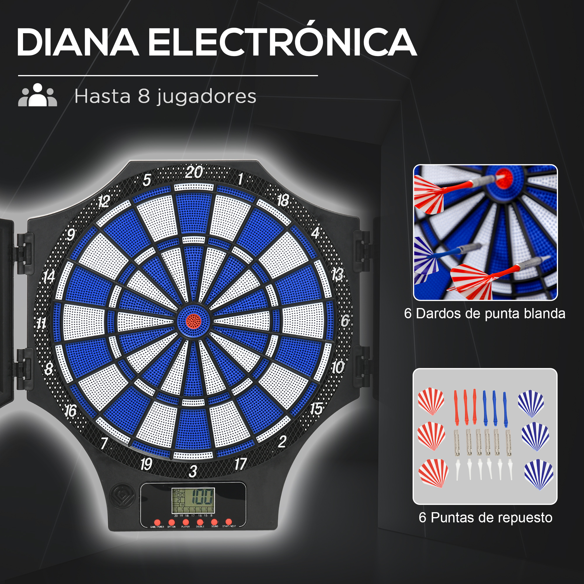 Diana electrónica con segmentos azules y blancos, números, LCD y accesorios.
