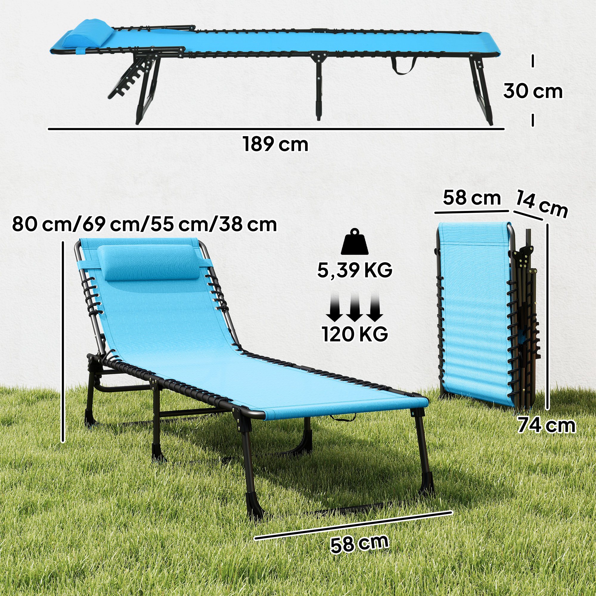 Una tumbona azul con estructura de metal sobre césped. Se muestran las dimensiones.