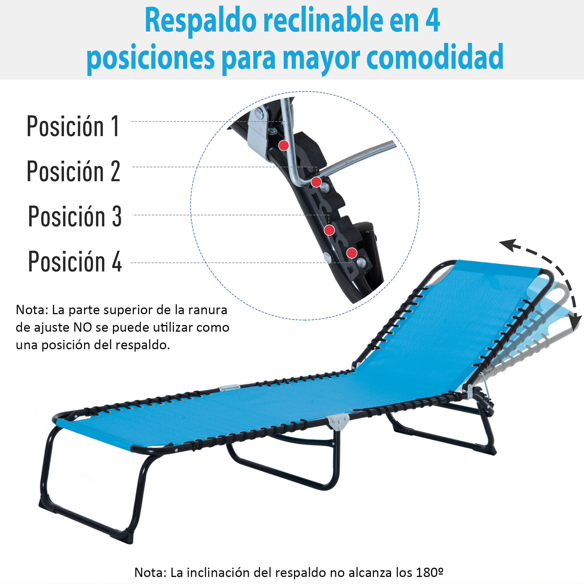 Silla de exterior azul con respaldo reclinable en 4 posiciones y detalle del mecanismo.