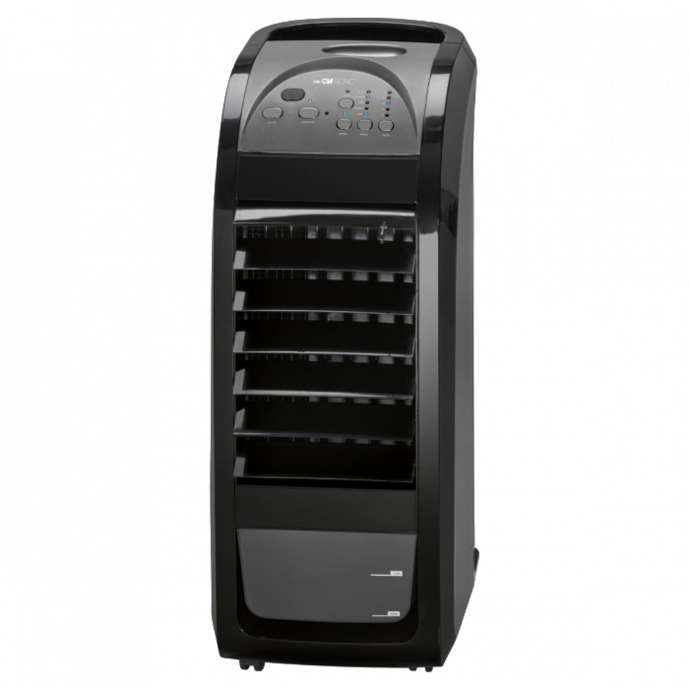 Un enfriador de aire negro, vertical, con rejillas y panel de control.