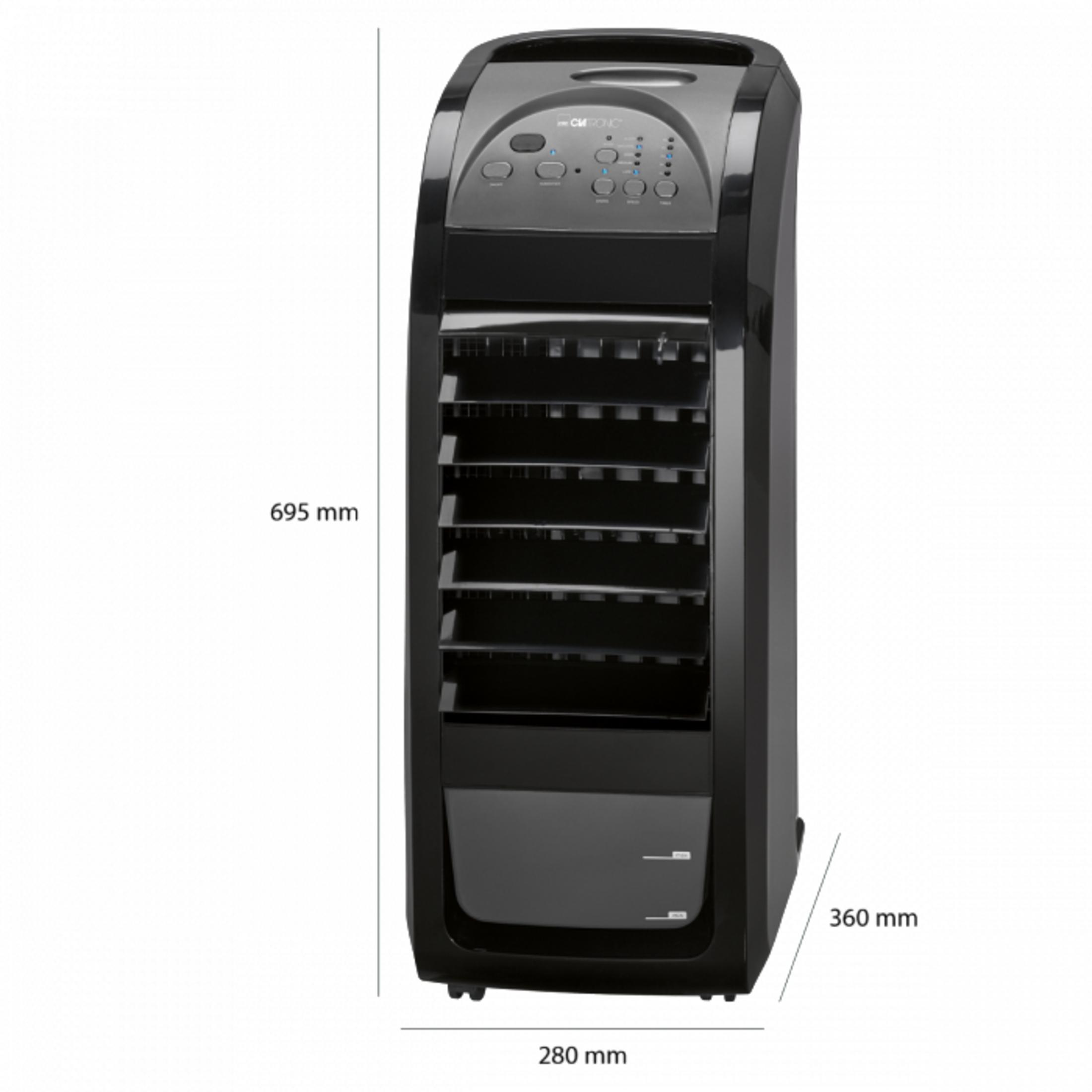 Enfriador de aire negro y delgado con rejillas y panel de control arriba. Dimensiones: 695x360x280 mm.