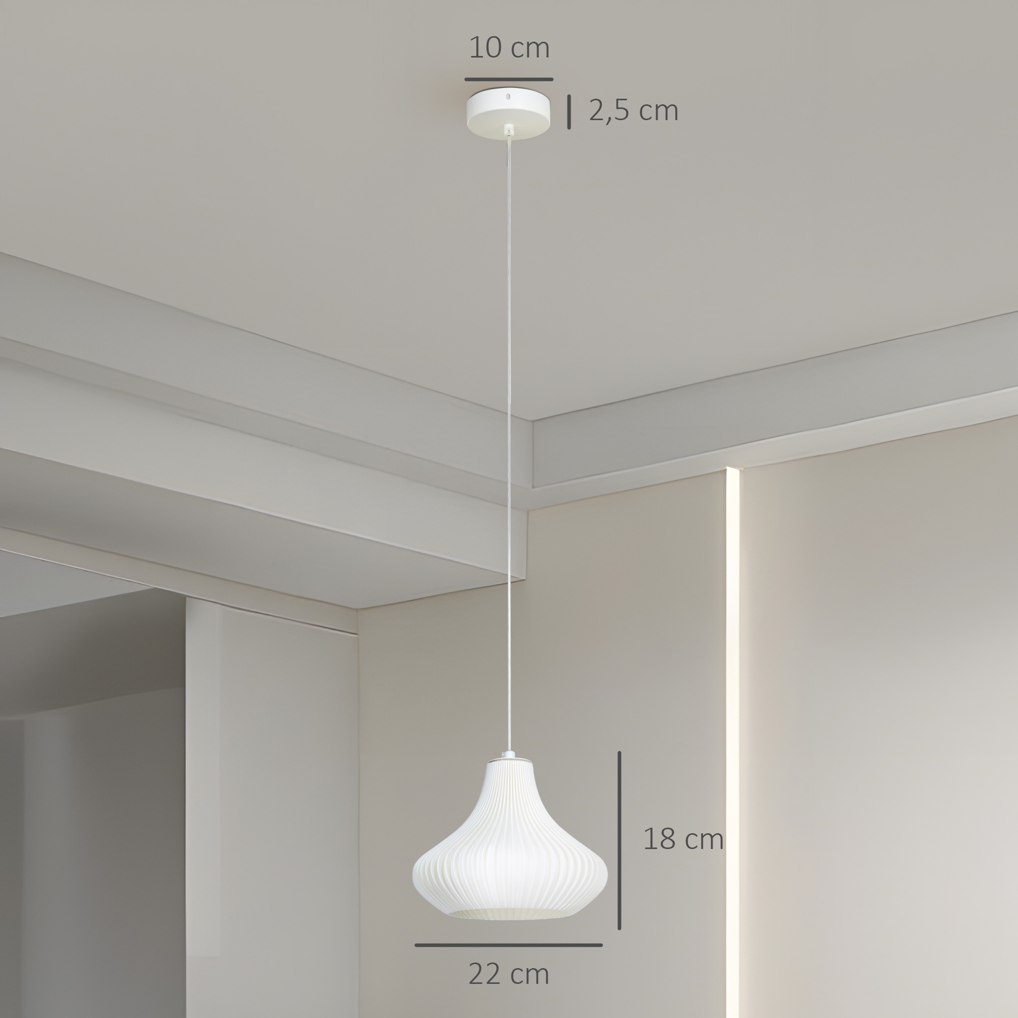 Lámpara colgante blanca con pantalla acanalada, 22 cm de ancho, 18 cm de alto.