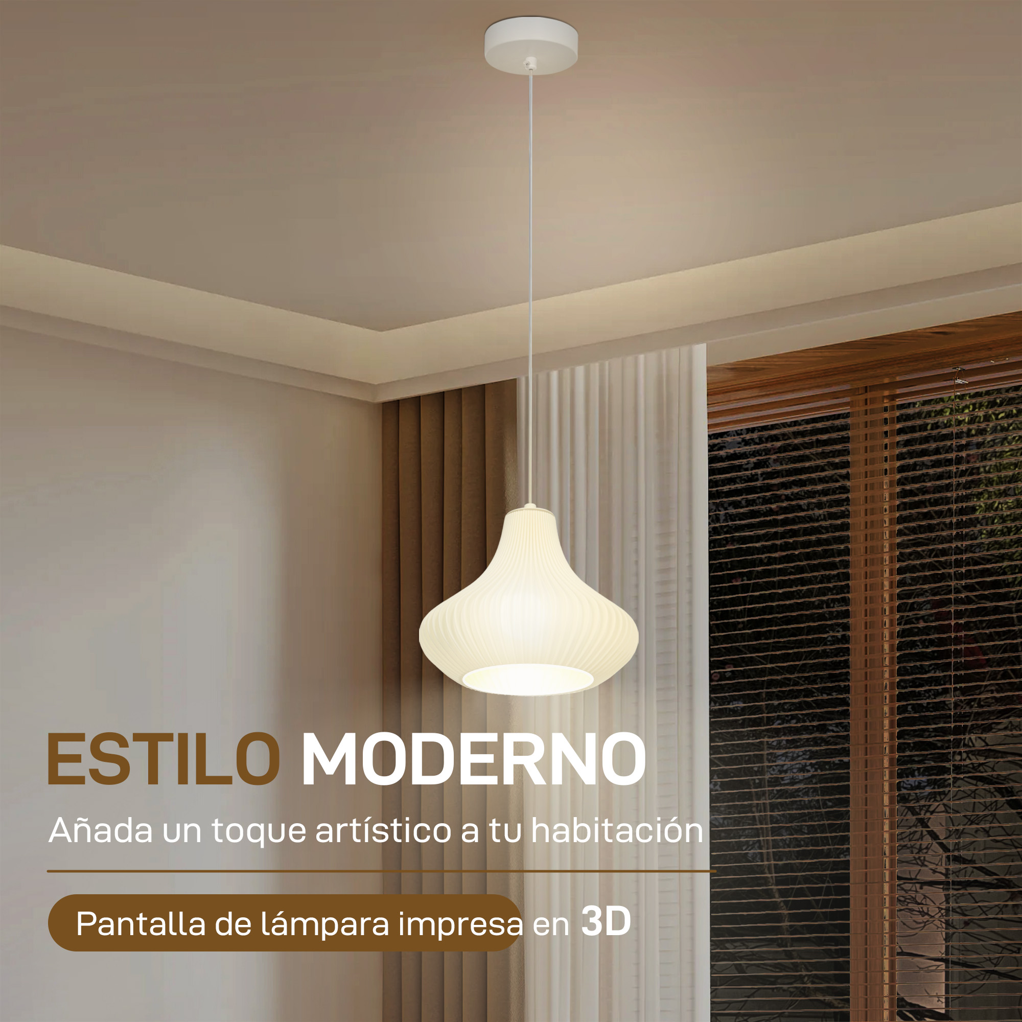 Lámpara colgante blanca con pantalla acanalada sobre ventana con persianas.