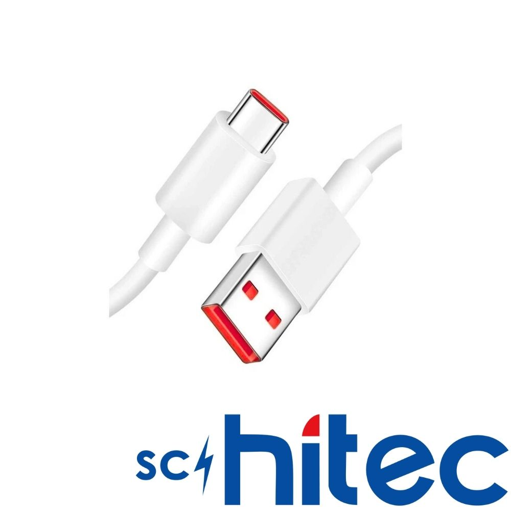 Kırmızı vurgulu beyaz USB-C ve USB-A kablosu.