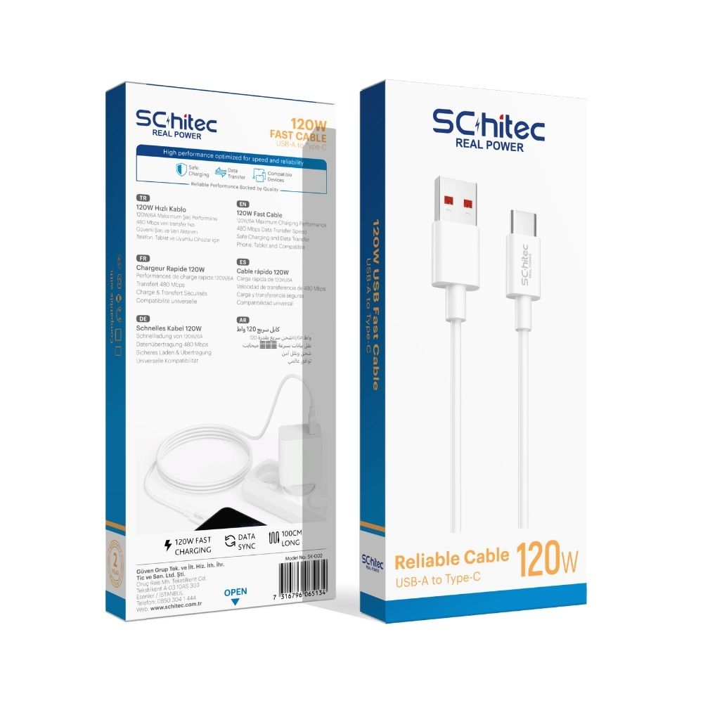 120W SCHitec USB-A - Type-C şarj kablosu ambalajı.