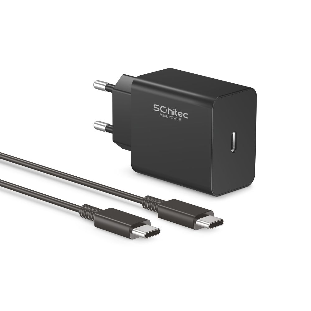 Beyaz arka plan üzerinde iki USB-C kablolu siyah Schitec güç adaptörü.
