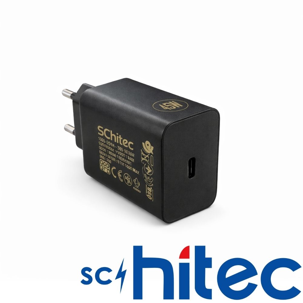 Siyah 45W Schitec USB-C hızlı şarj cihazı, teknik bilgiler ve logo.