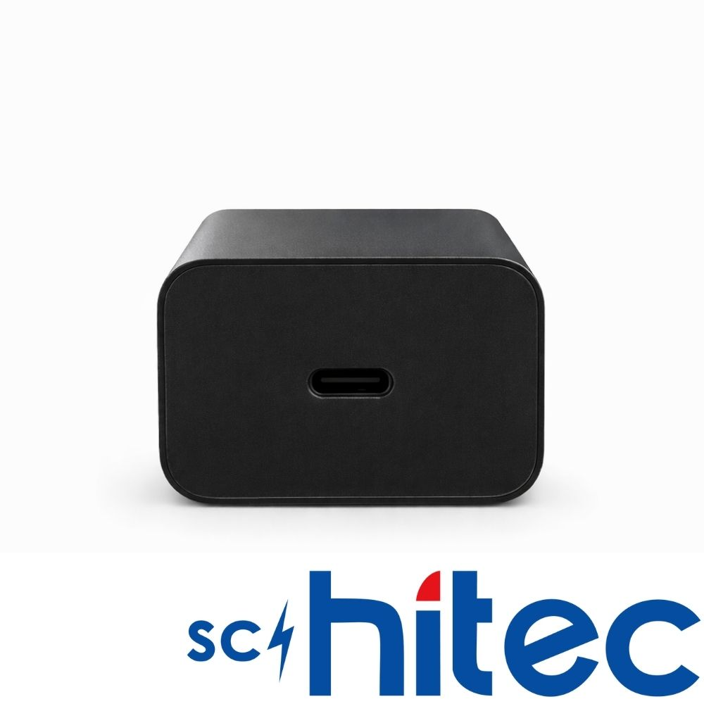 Yatay portlu siyah USB-C şarj cihazı. Altta logo.