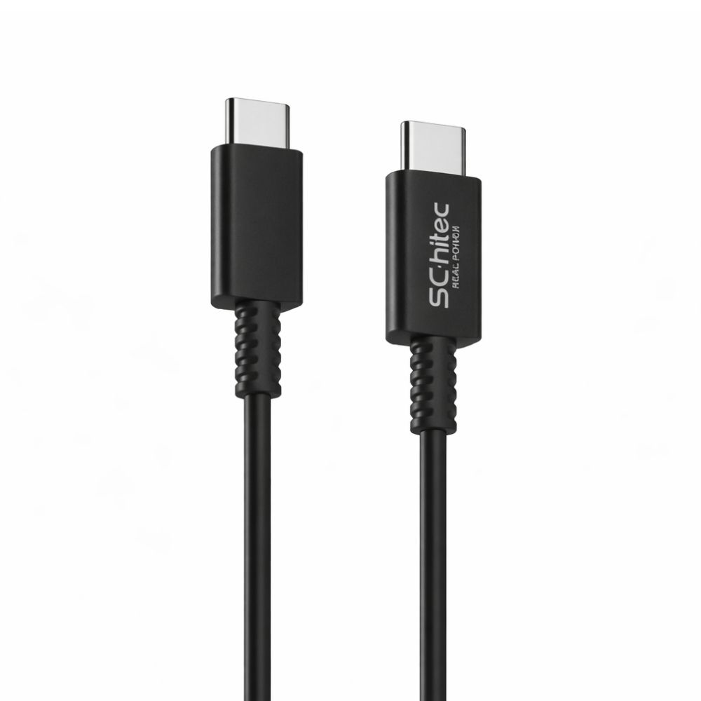Beyaz arka plan üzerinde gümüş konektörlü iki siyah USB-C kablosu.