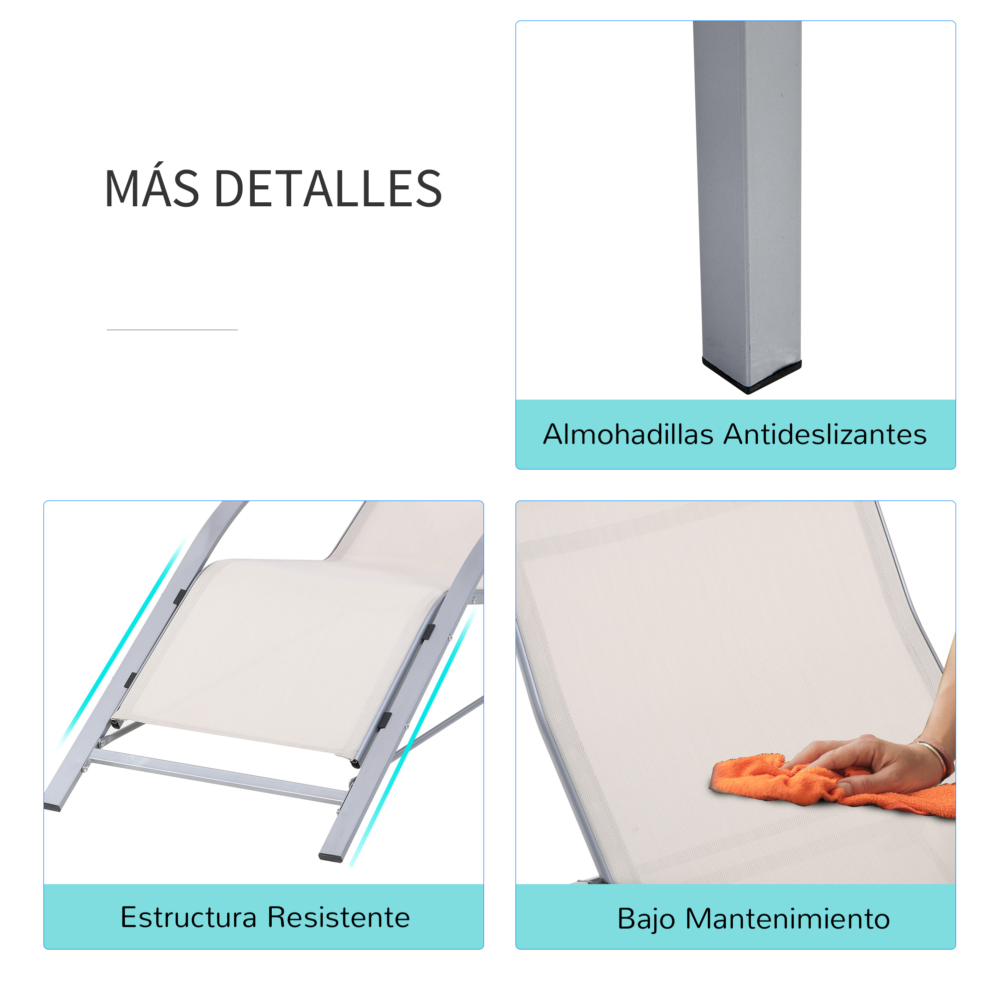 Las imágenes muestran detalles de una tumbona: tapa del pie, tela y marco.