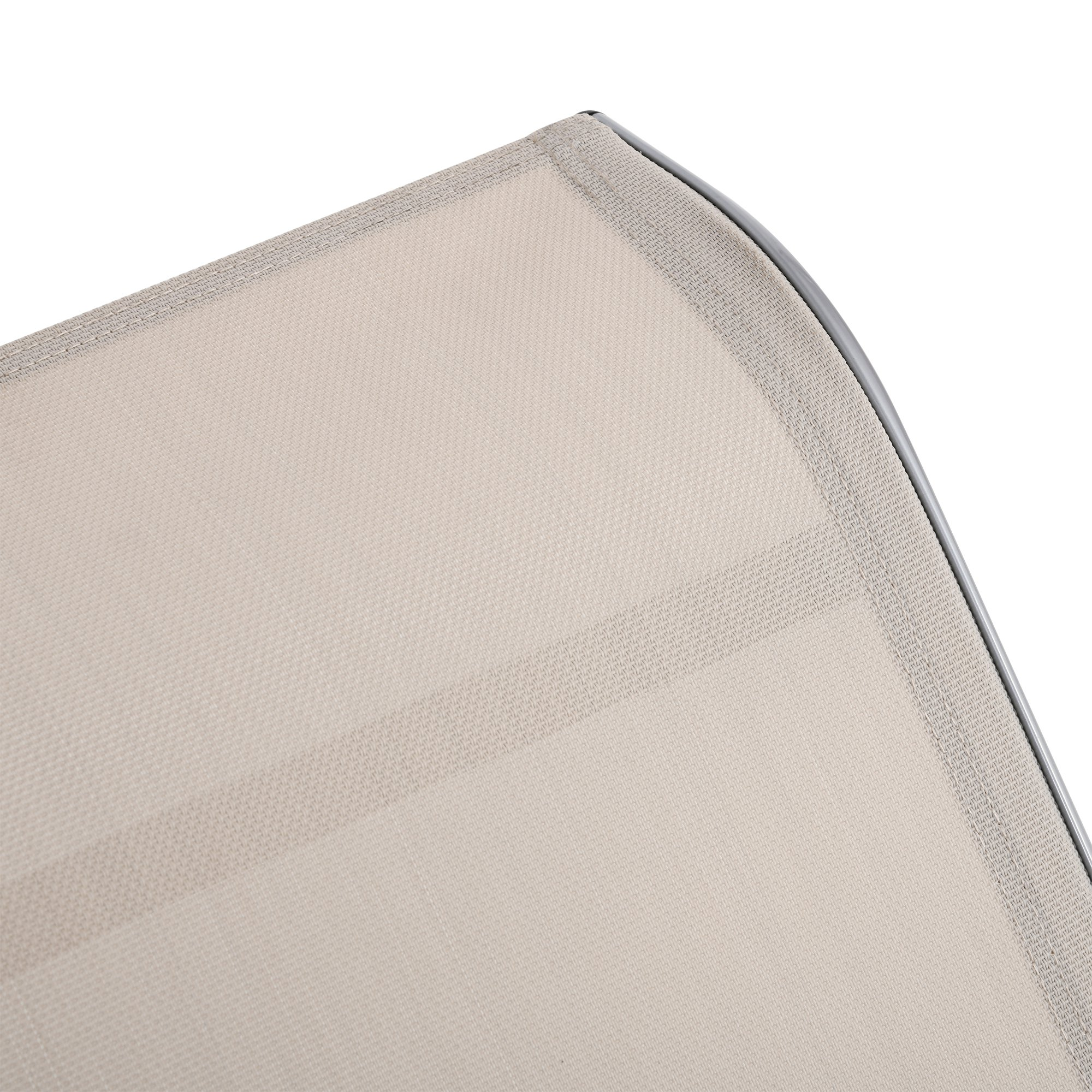 Primer plano de tela beige claro con patrón acanalado y borde gris.