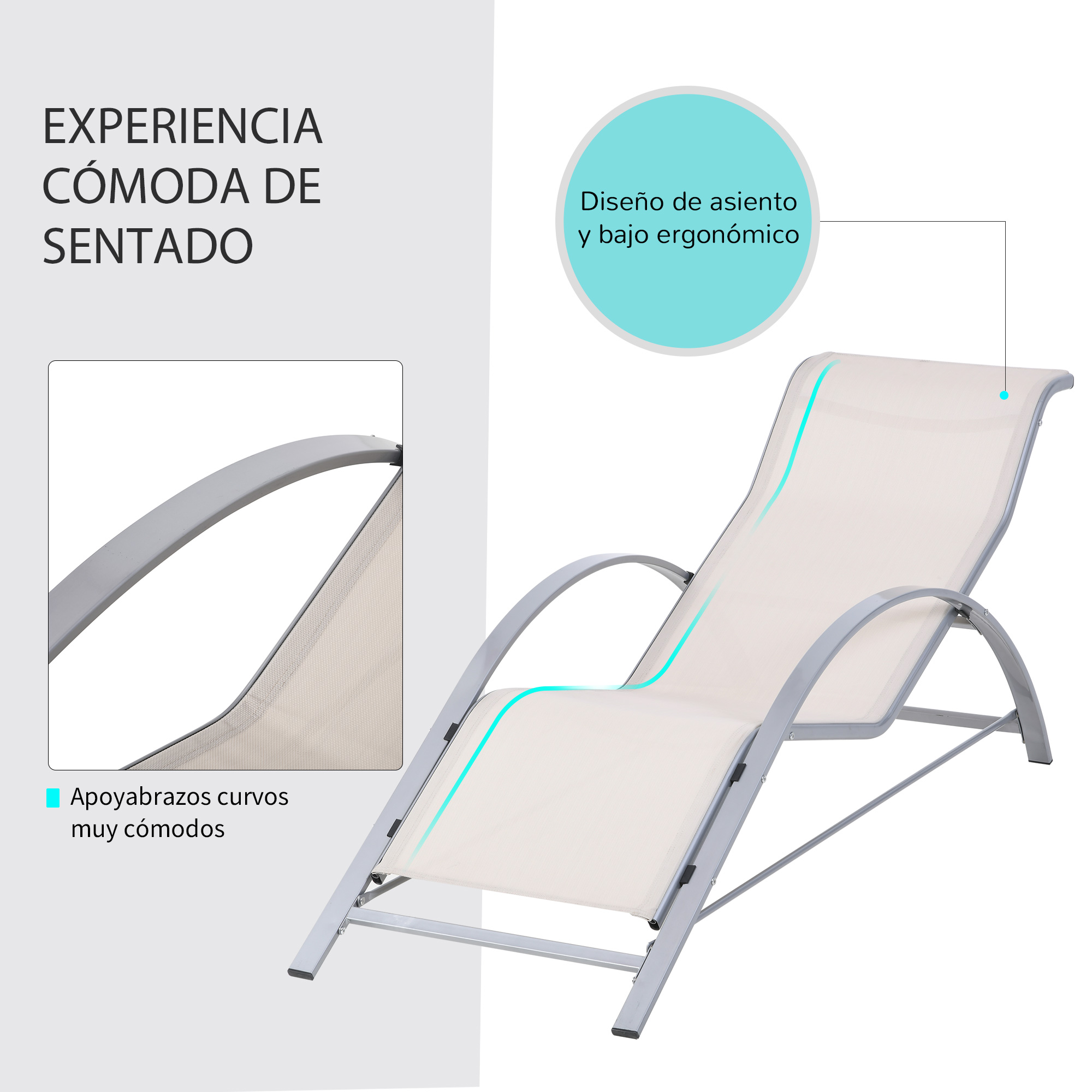 Una tumbona beige con estructura de metal plateado y reposabrazos curvos.