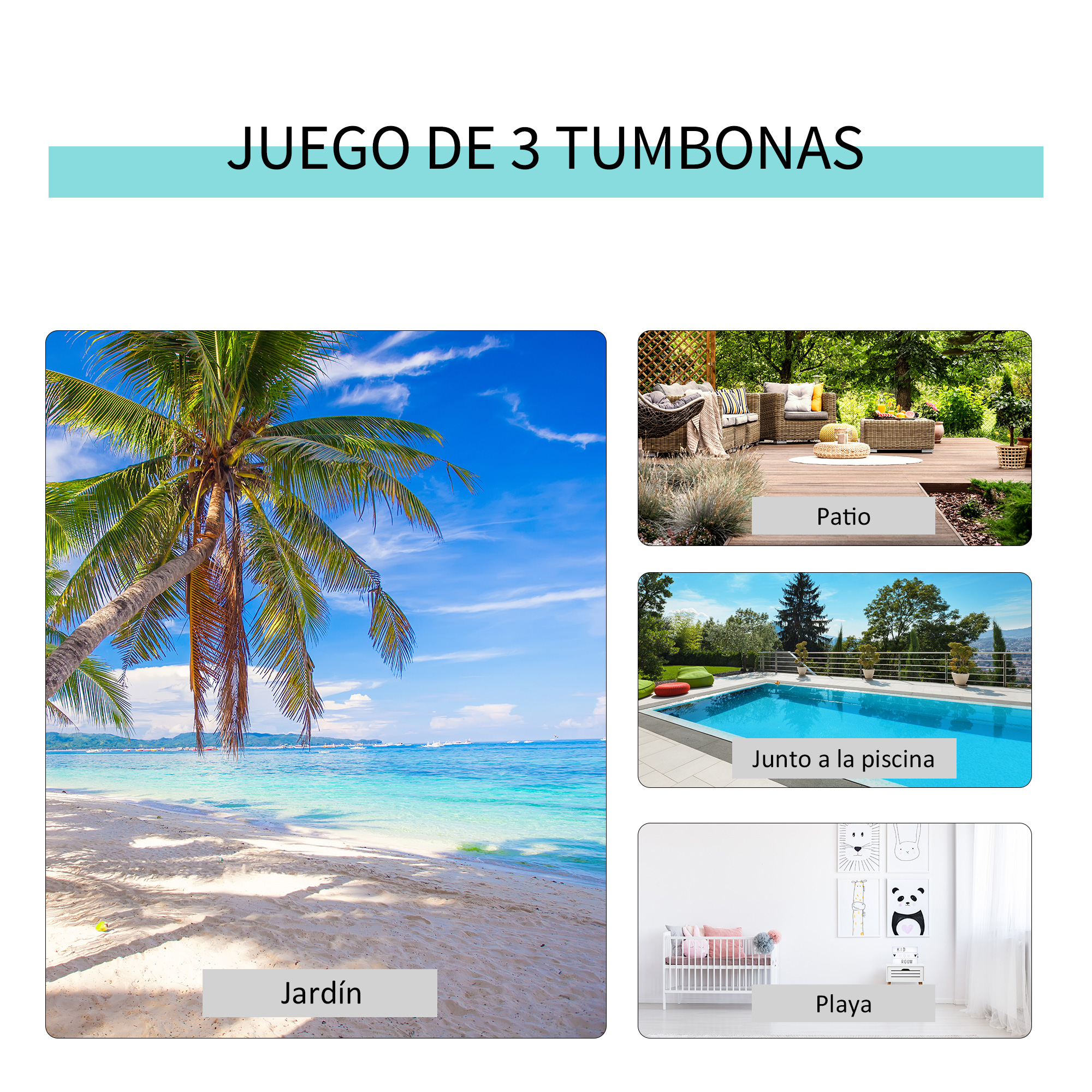 Playa con palmera, muebles de patio, piscina y cuarto infantil.