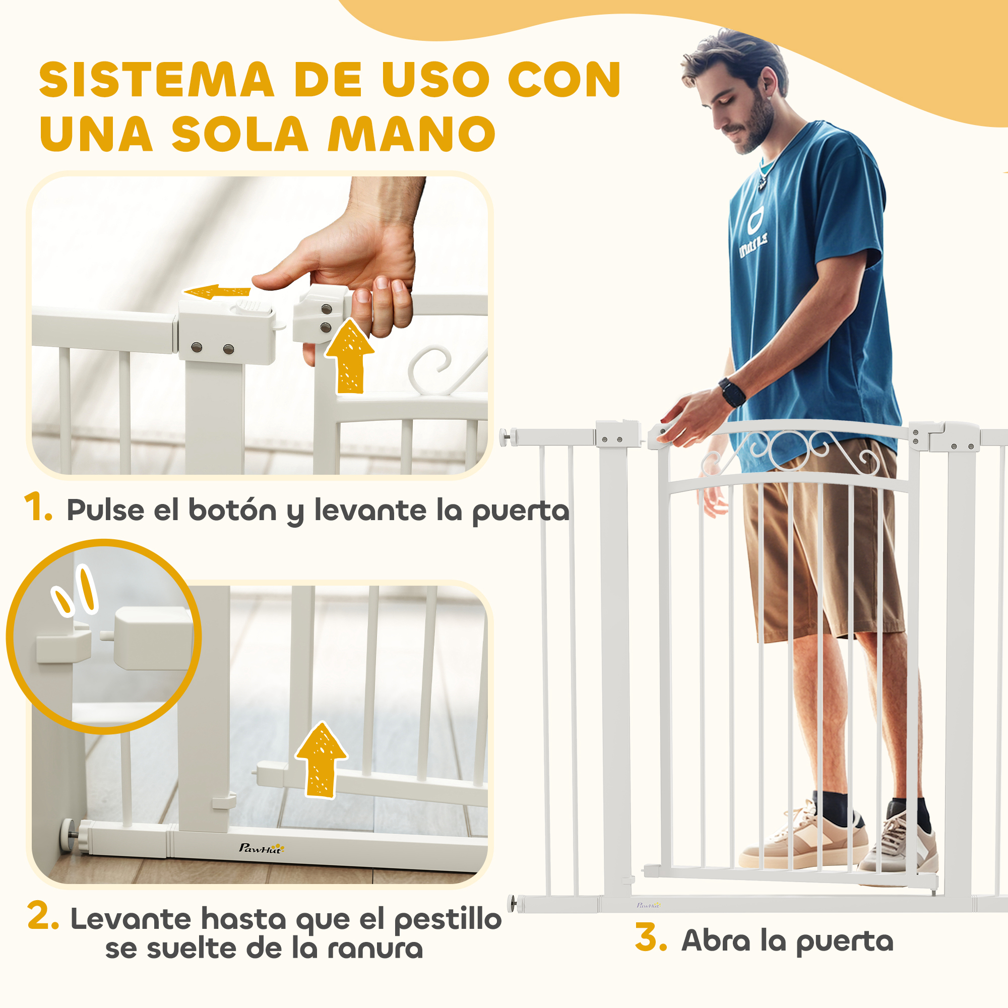 Instrucciones: Operar puerta de seguridad con una mano. Presionar botón, levantar.