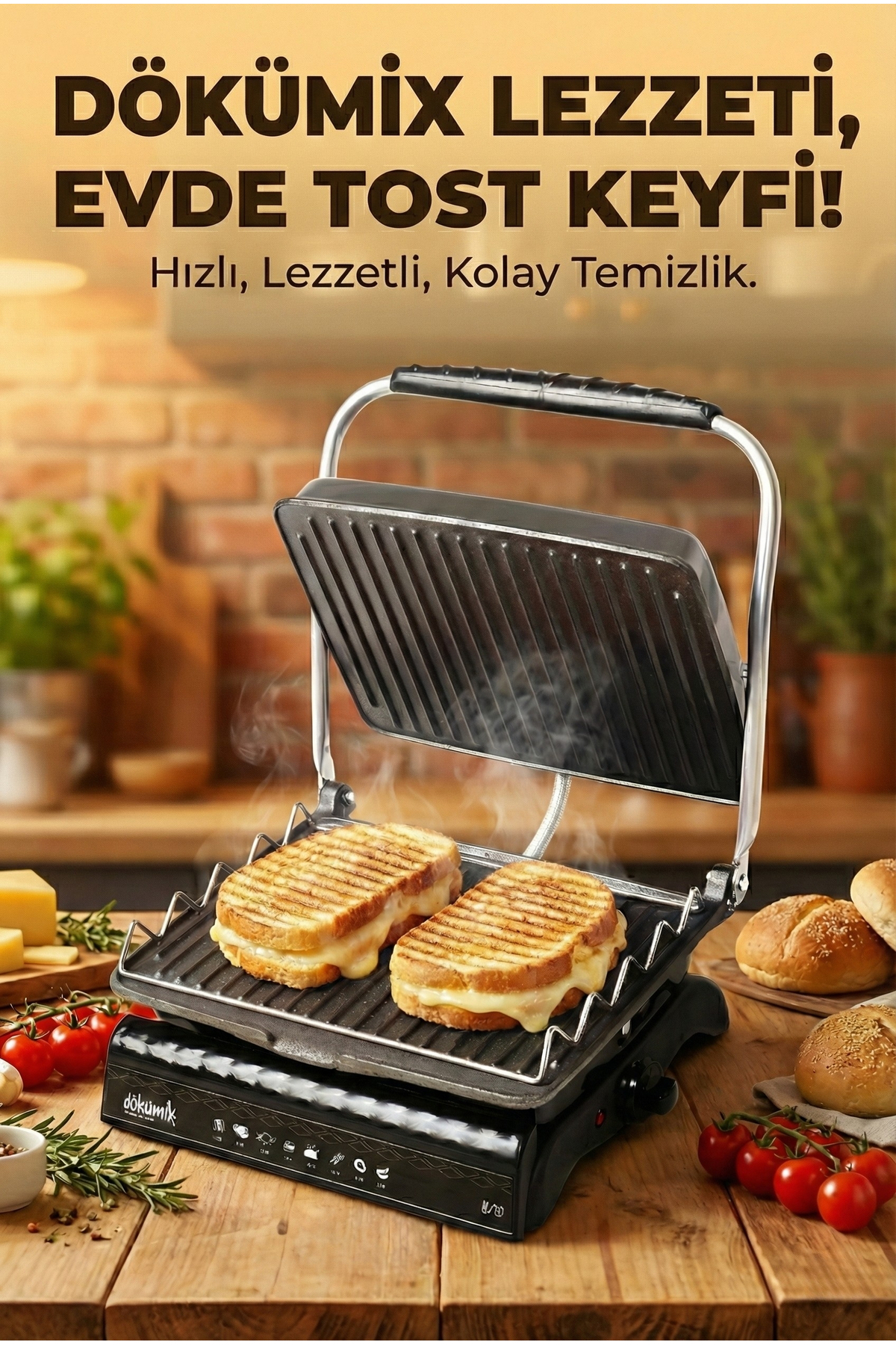 DOKUMIX Ultra Plus Organik Demir Döküm Izgara Aparatlı,Fırçalı,Yağdanlık Izgara Tost Makinesi Siyah