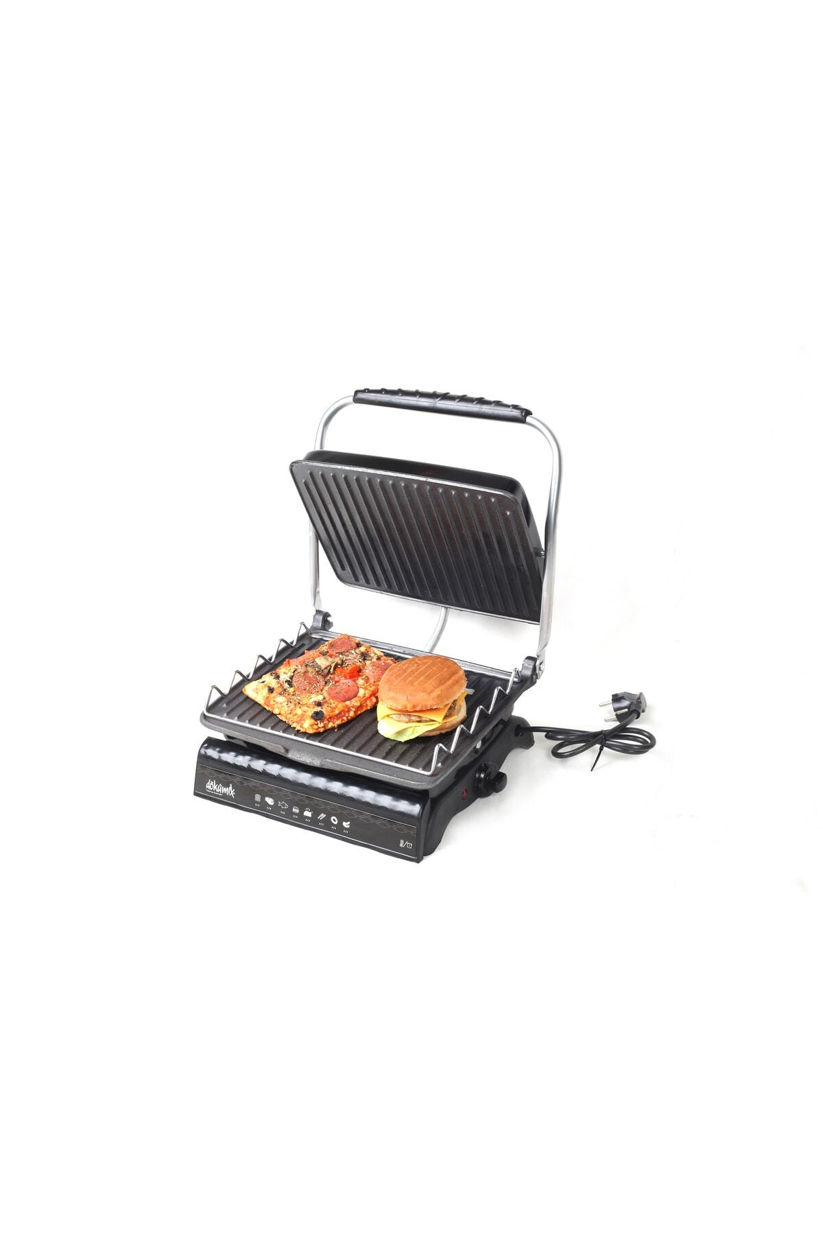 Açık bir kontaktlı ızgara üzerinde pizza dilimi ve burger bulunmaktadır.