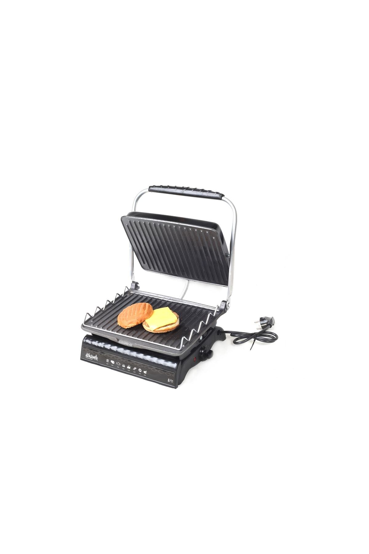 Alt plakada iki yarım ekmek ve peynir bulunan açık bir kontakt grill.