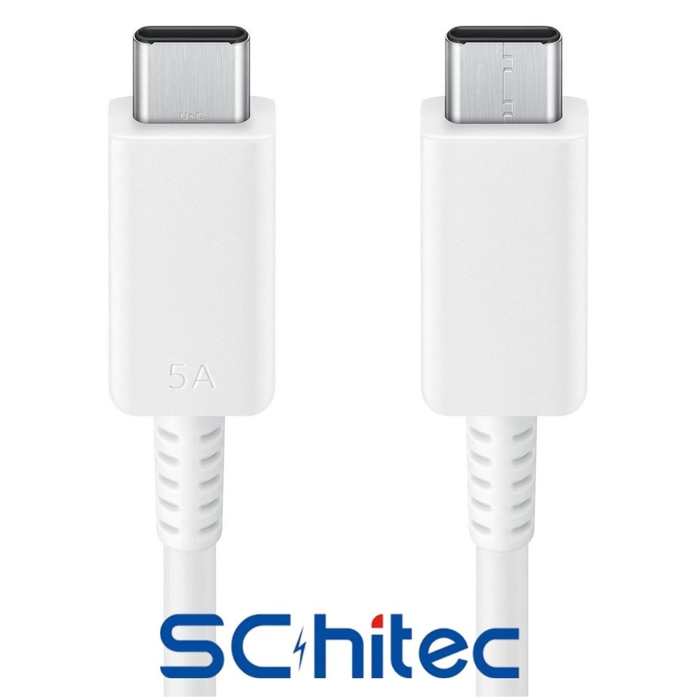 Gümüş konektörlü ve SCHitec logolu iki beyaz USB-C kablosu.