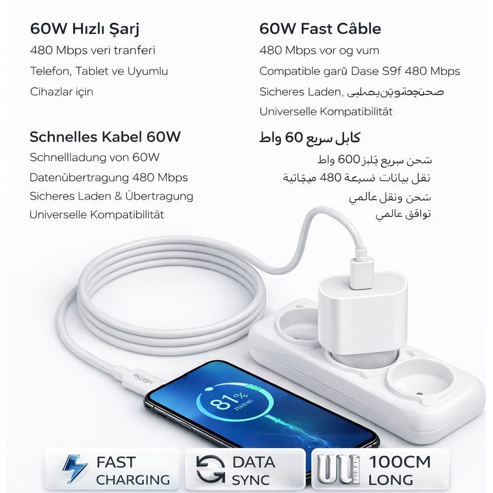 Beyaz bir kablo, prize takılı bir akıllı telefonu %81 şarj ediyor.