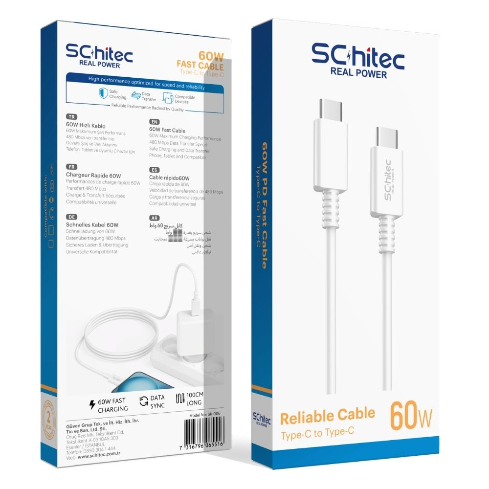 Çok dilli ürün bilgileri içeren beyaz 60W USB-C şarj kablosu ambalajı.
