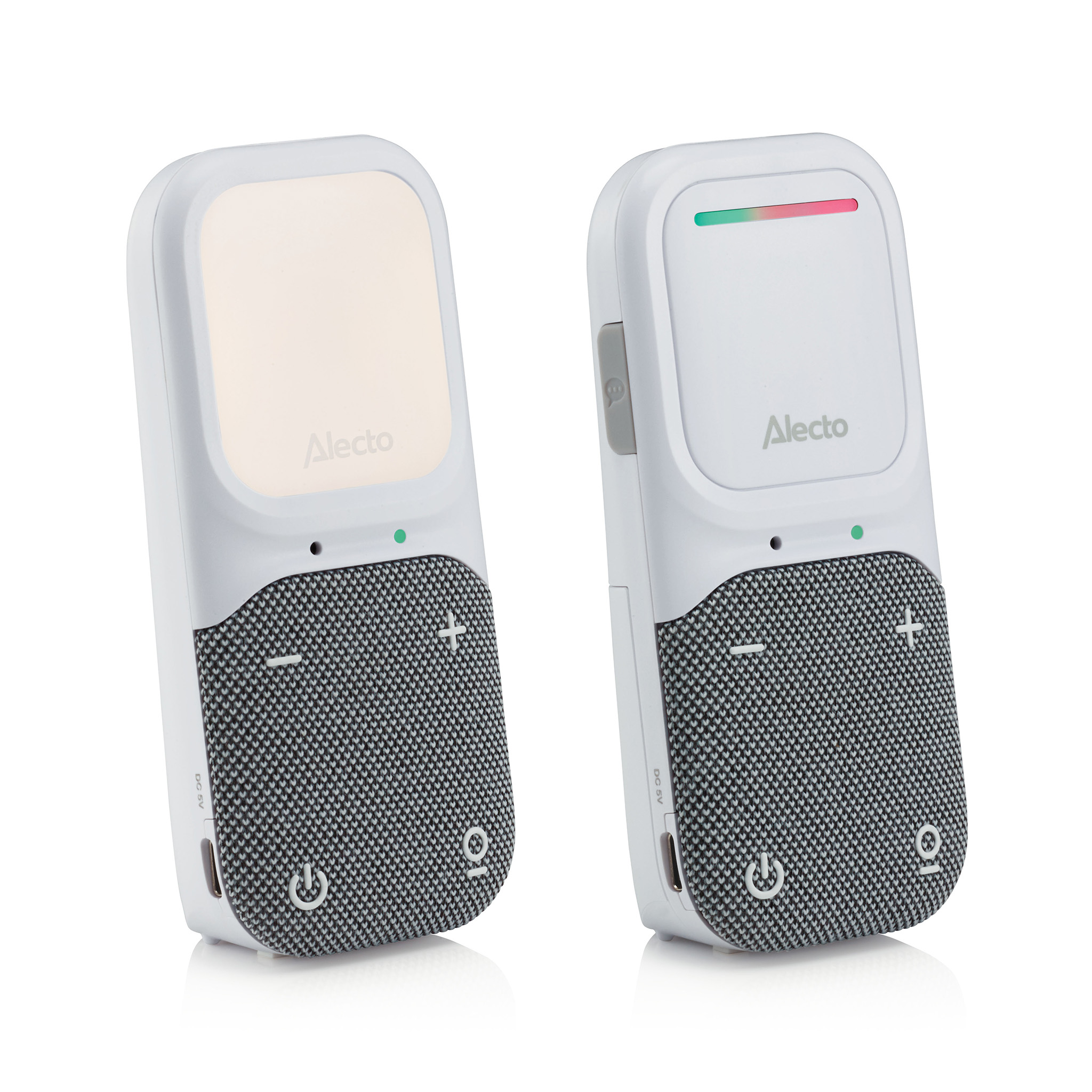 Zwei weiße Alecto Babyphones nebeneinander, eines mit beleuchtetem Bildschirm.