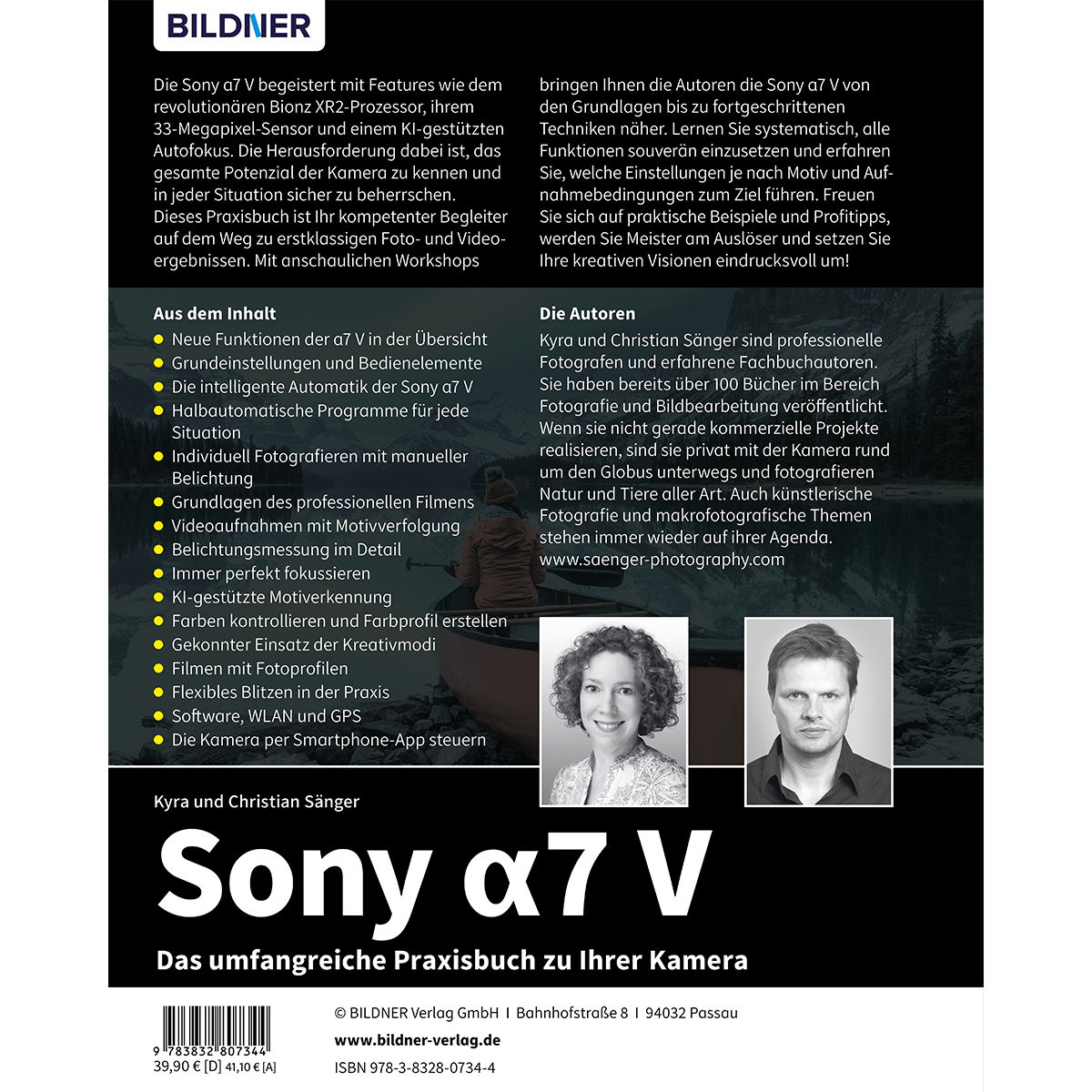 Buchcover: Sony a7 V Praxisbuch mit Autorenfotos und Inhaltsübersicht.