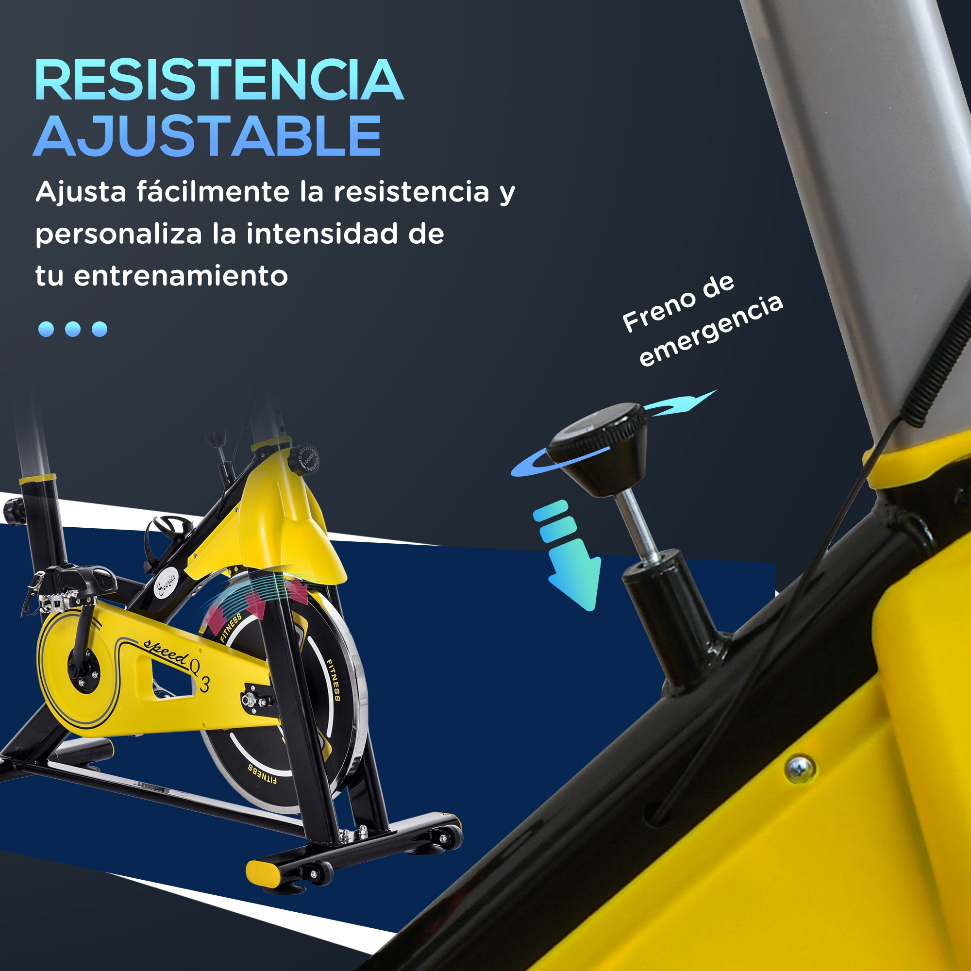 Bicicleta de ejercicio amarilla con marco negro. Pomo con flechas para ajuste de resistencia.