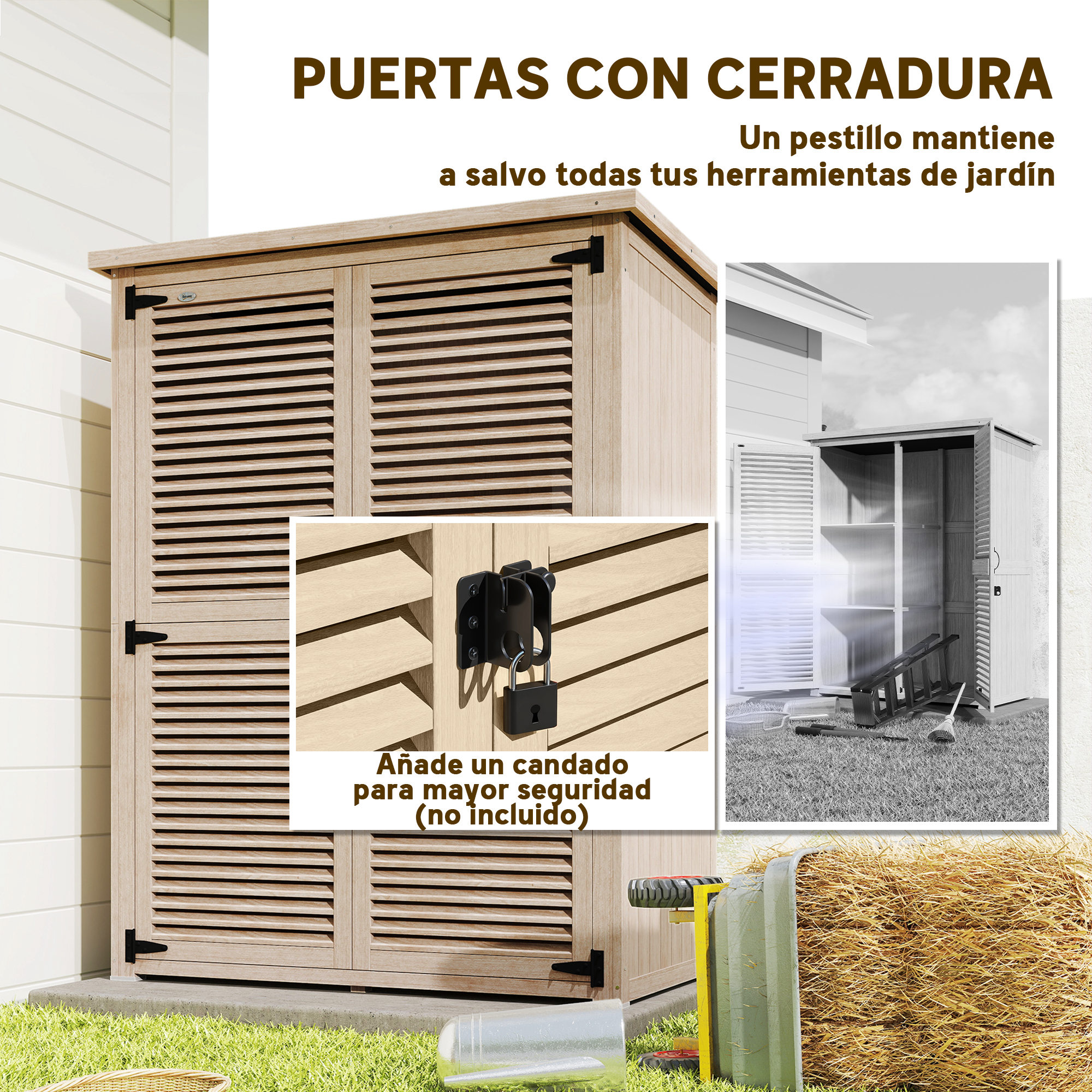 Armario de madera con puertas de lamas y candado, herramientas de jardín cerca.