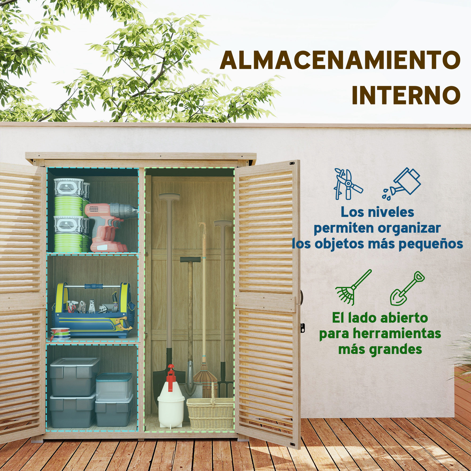 Armario de madera con herramientas de jardín, caja de herramientas y contenedores.